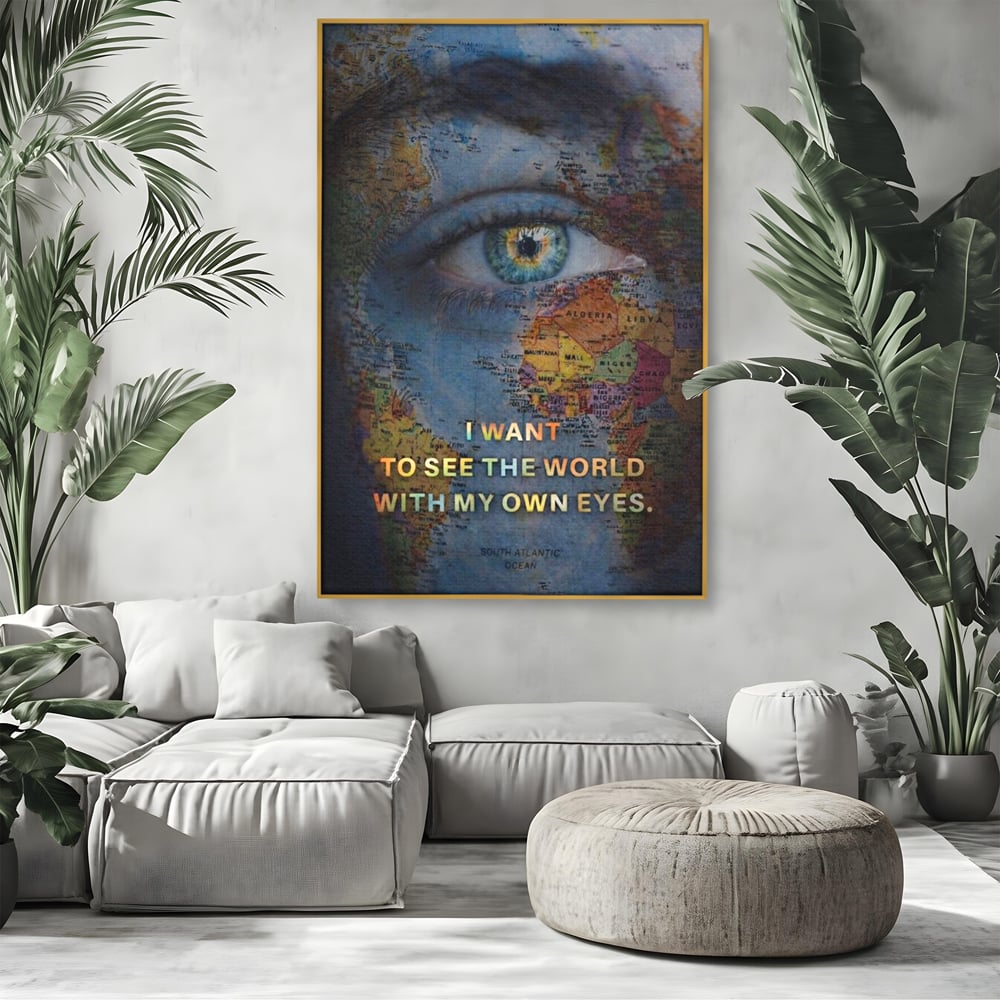 Leinwand Premium Leinwand Wandkunst, LuxCanva® Q1040, Die Welt durch ihre Augen, Augen, Weltkarte, Vision, Geographie, Reisen, Freiheit, Freiheit, Wissen, Büro, Schlafzimmer