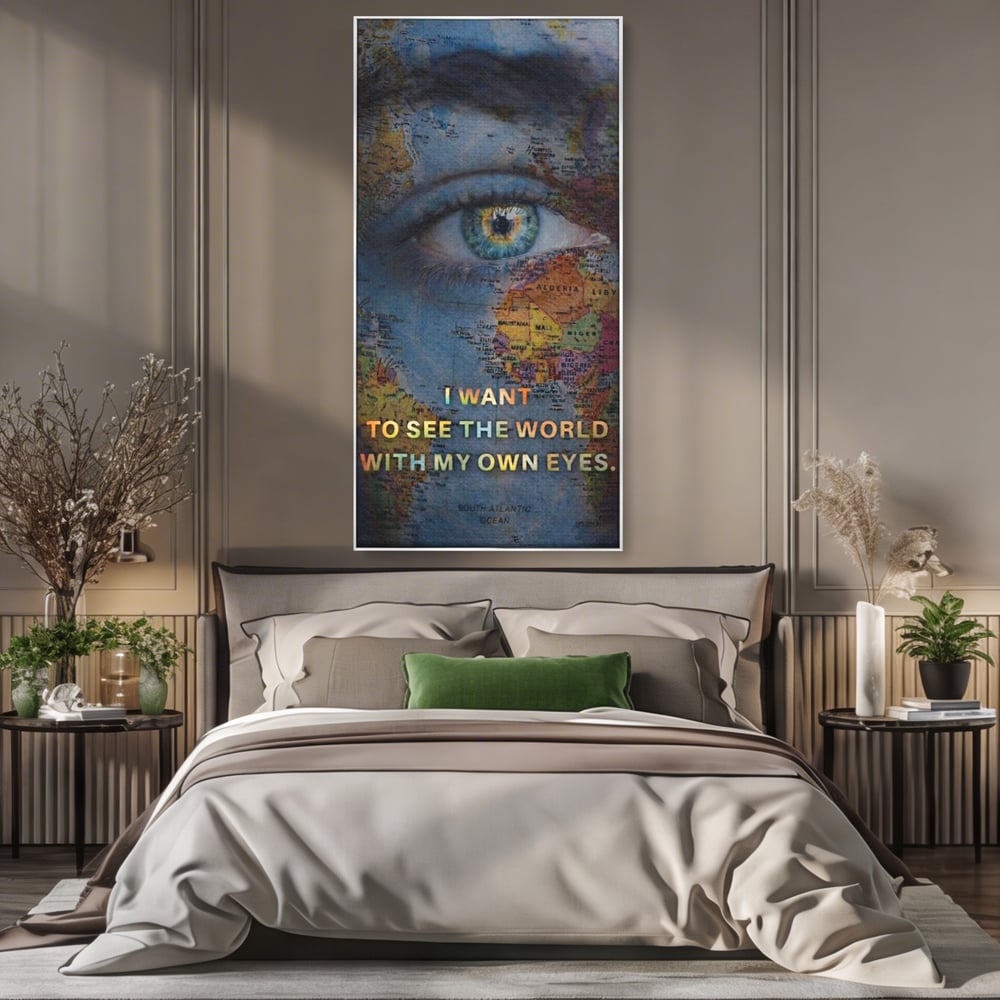 Leinwand Premium Leinwand Wandkunst, LuxCanva® Q1040, Die Welt durch ihre Augen, Augen, Weltkarte, Vision, Geographie, Reisen, Freiheit, Freiheit, Wissen, Büro, Schlafzimmer