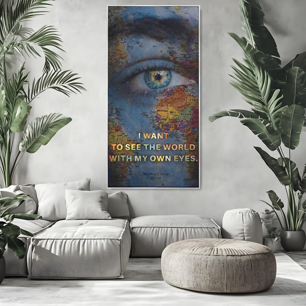 Leinwand Premium Leinwand Wandkunst, LuxCanva® Q1040, Die Welt durch ihre Augen, Augen, Weltkarte, Vision, Geographie, Reisen, Freiheit, Freiheit, Wissen, Büro, Schlafzimmer