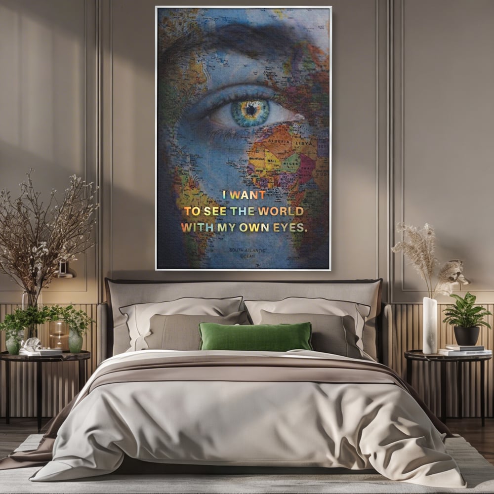 Leinwand Premium Leinwand Wandkunst, LuxCanva® Q1040, Die Welt durch ihre Augen, Augen, Weltkarte, Vision, Geographie, Reisen, Freiheit, Freiheit, Wissen, Büro, Schlafzimmer