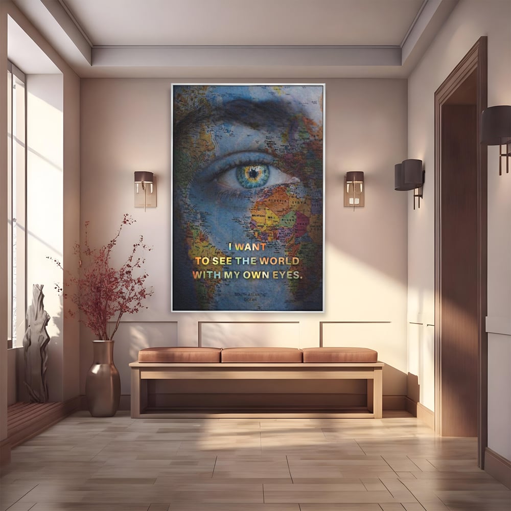 Leinwand Premium Leinwand Wandkunst, LuxCanva® Q1040, Die Welt durch ihre Augen, Augen, Weltkarte, Vision, Geographie, Reisen, Freiheit, Freiheit, Wissen, Büro, Schlafzimmer