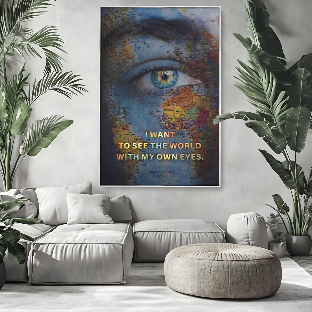 Leinwand Premium Leinwand Wandkunst, LuxCanva® Q1040, Die Welt durch ihre Augen, Augen, Weltkarte, Vision, Geographie, Reisen, Freiheit, Freiheit, Wissen, Büro, Schlafzimmer