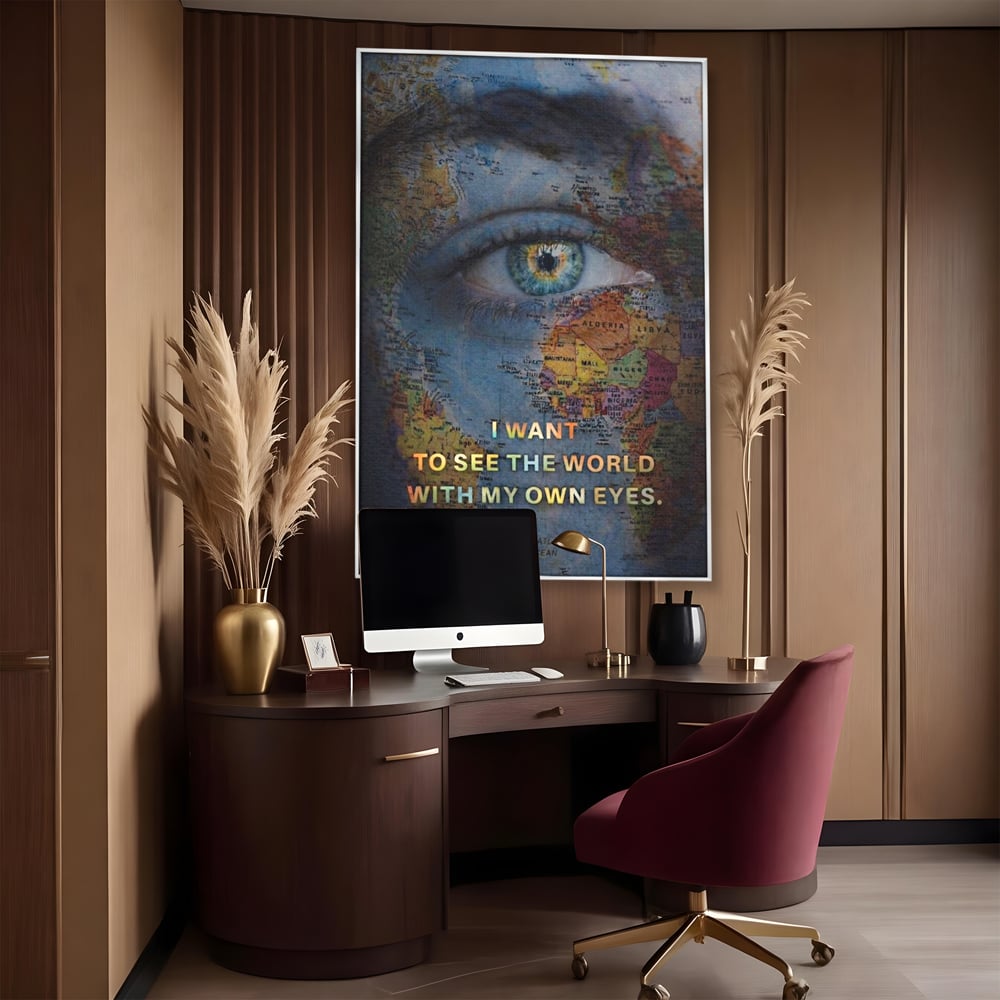 Leinwand Premium Leinwand Wandkunst, LuxCanva® Q1040, Die Welt durch ihre Augen, Augen, Weltkarte, Vision, Geographie, Reisen, Freiheit, Freiheit, Wissen, Büro, Schlafzimmer