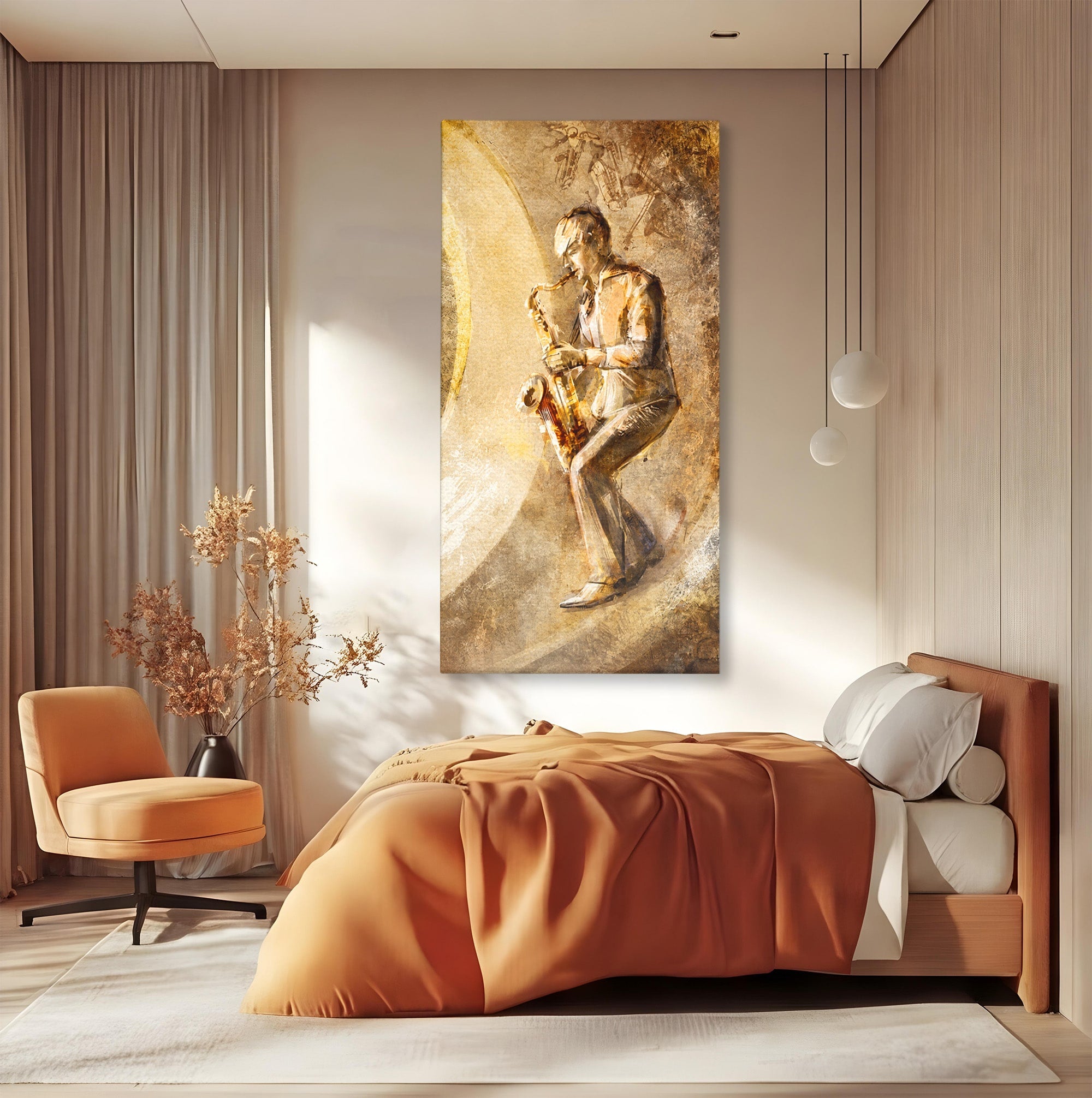 Tablou Canvas Premium LuxCanva® R1002, Saxofonistul Retro, Muzician, Saxofon, Retro, Arta, Living, Culori Vibrante