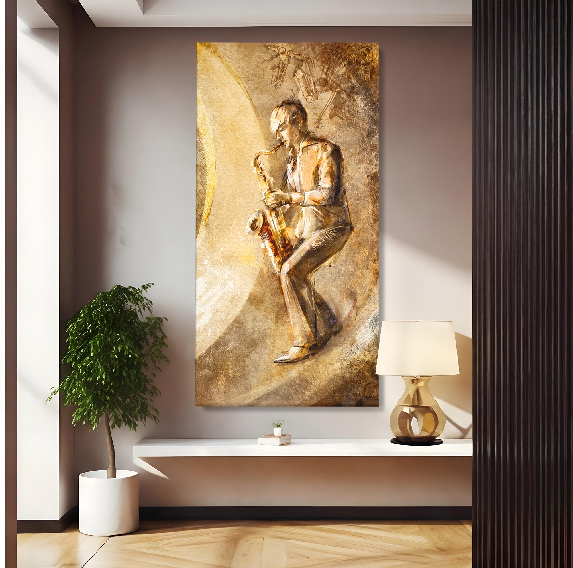 Tablou Canvas Premium LuxCanva® R1002, Saxofonistul Retro, Muzician, Saxofon, Retro, Arta, Living, Culori Vibrante