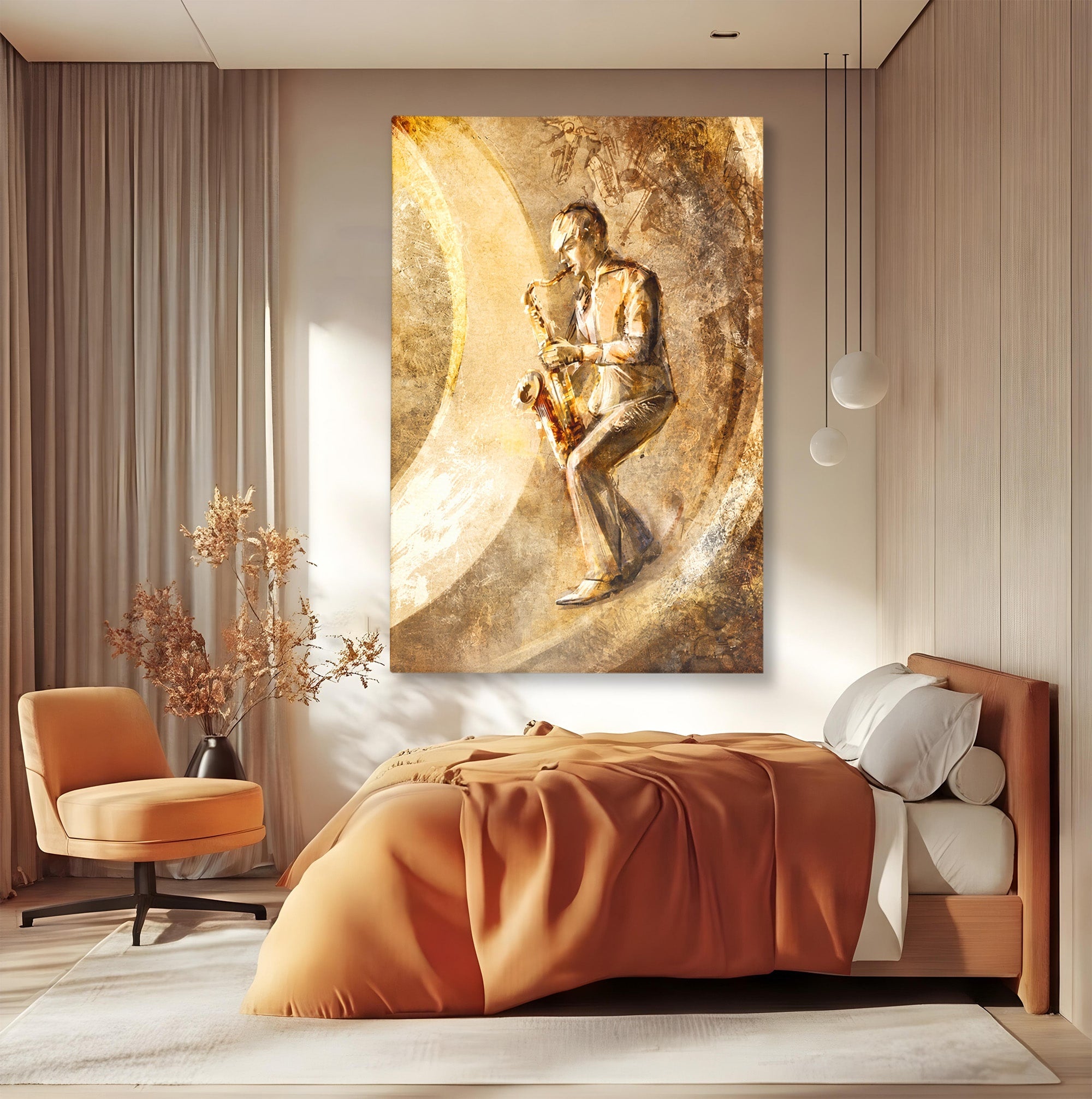 Tablou Canvas Premium LuxCanva® R1002, Saxofonistul Retro, Muzician, Saxofon, Retro, Arta, Living, Culori Vibrante