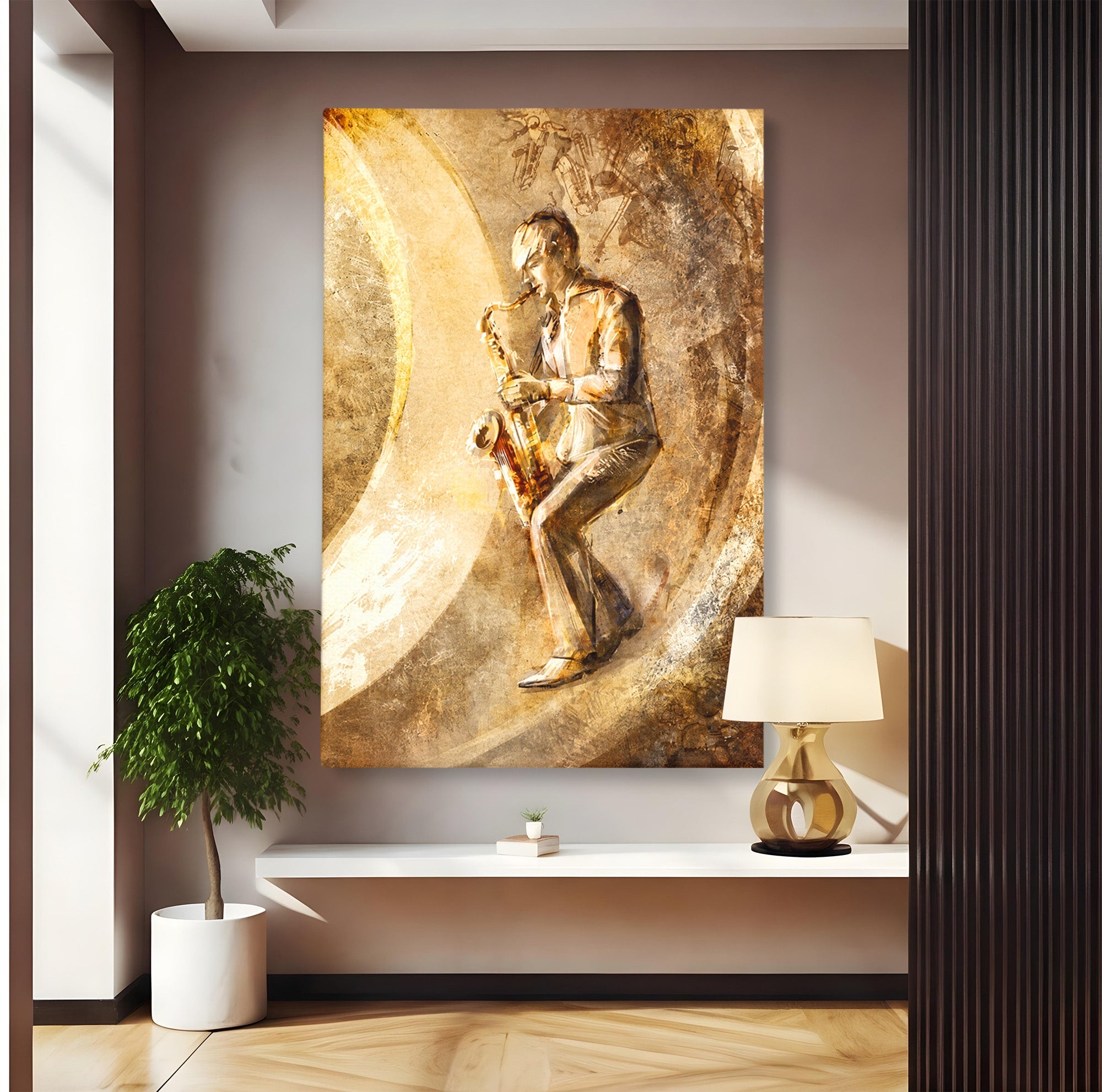 Tablou Canvas Premium LuxCanva® R1002, Saxofonistul Retro, Muzician, Saxofon, Retro, Arta, Living, Culori Vibrante