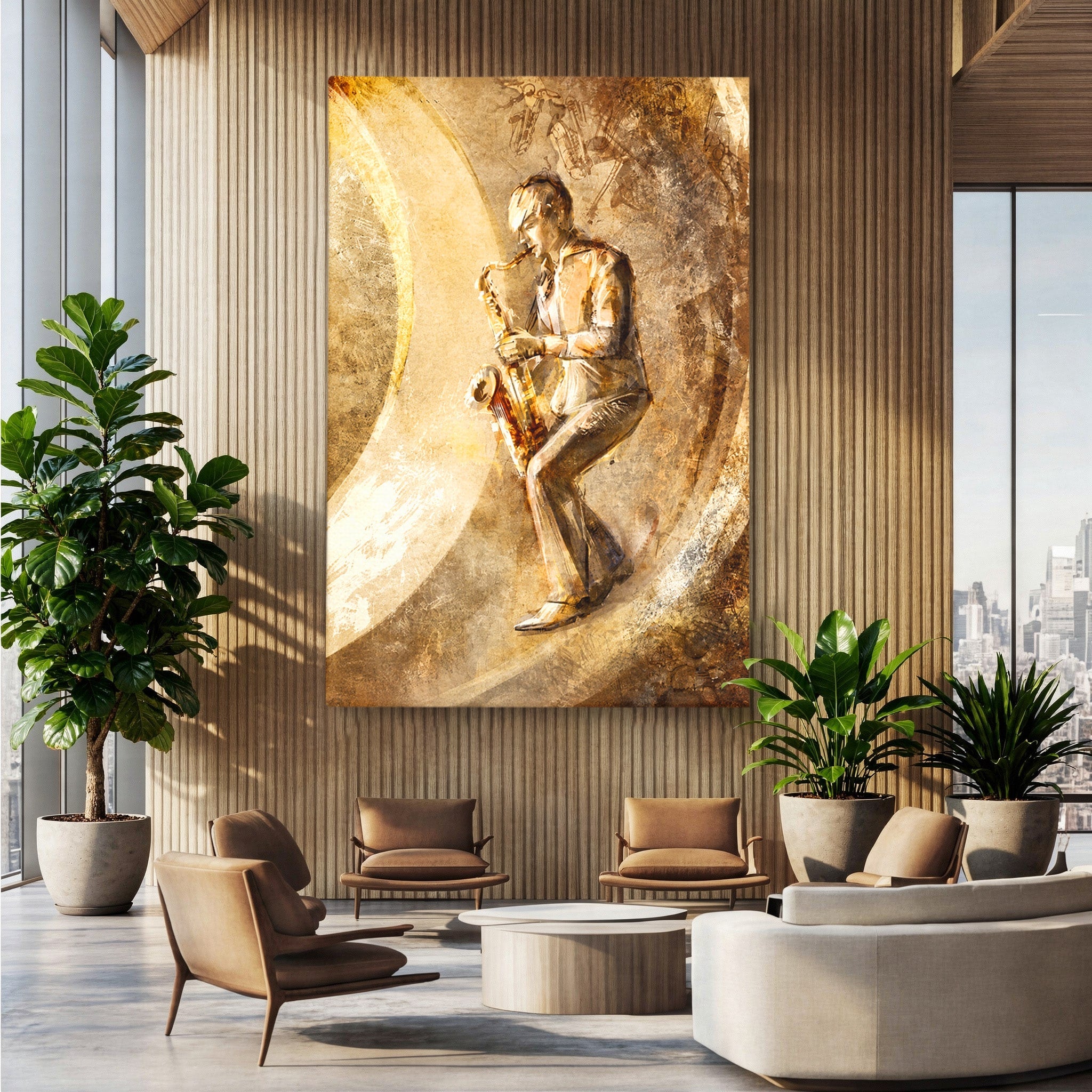 Tablou Canvas Premium LuxCanva® R1002, Saxofonistul Retro, Muzician, Saxofon, Retro, Arta, Living, Culori Vibrante