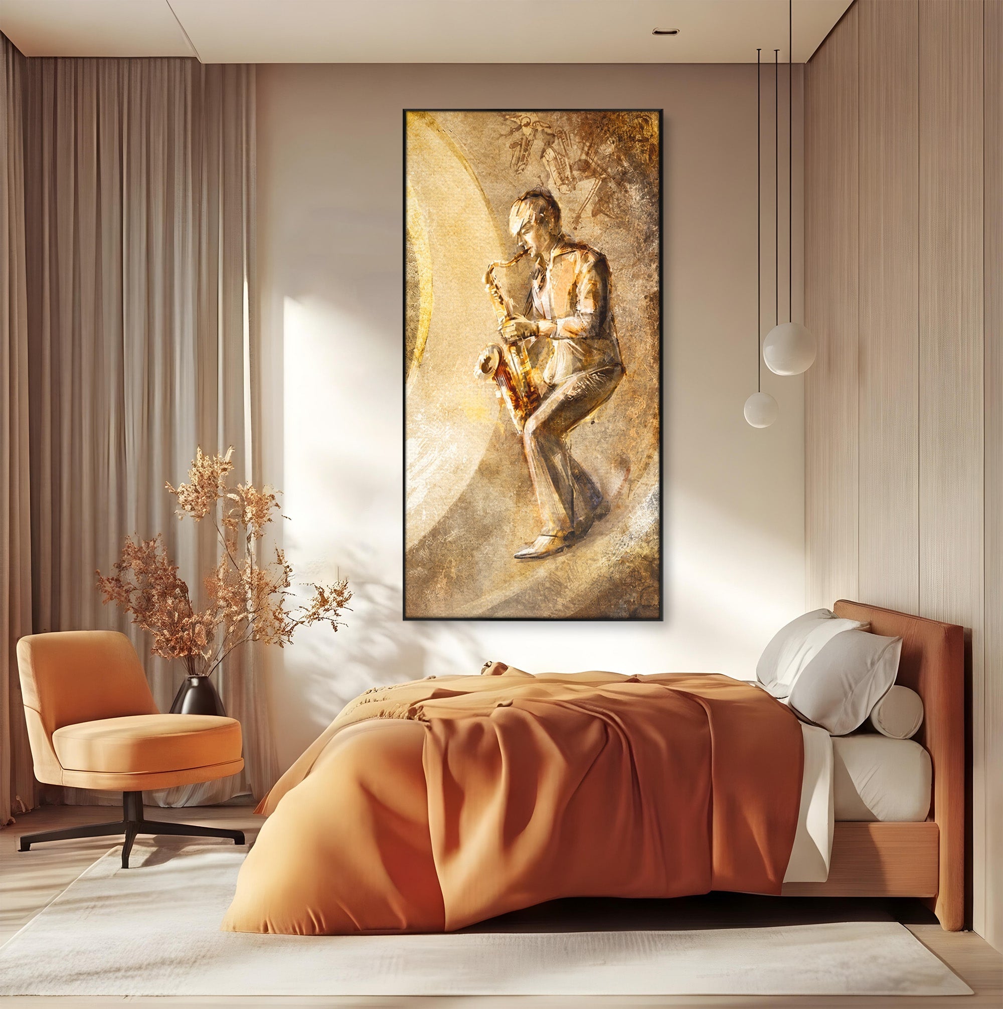 Tablou Canvas Premium LuxCanva® R1002, Saxofonistul Retro, Muzician, Saxofon, Retro, Arta, Living, Culori Vibrante