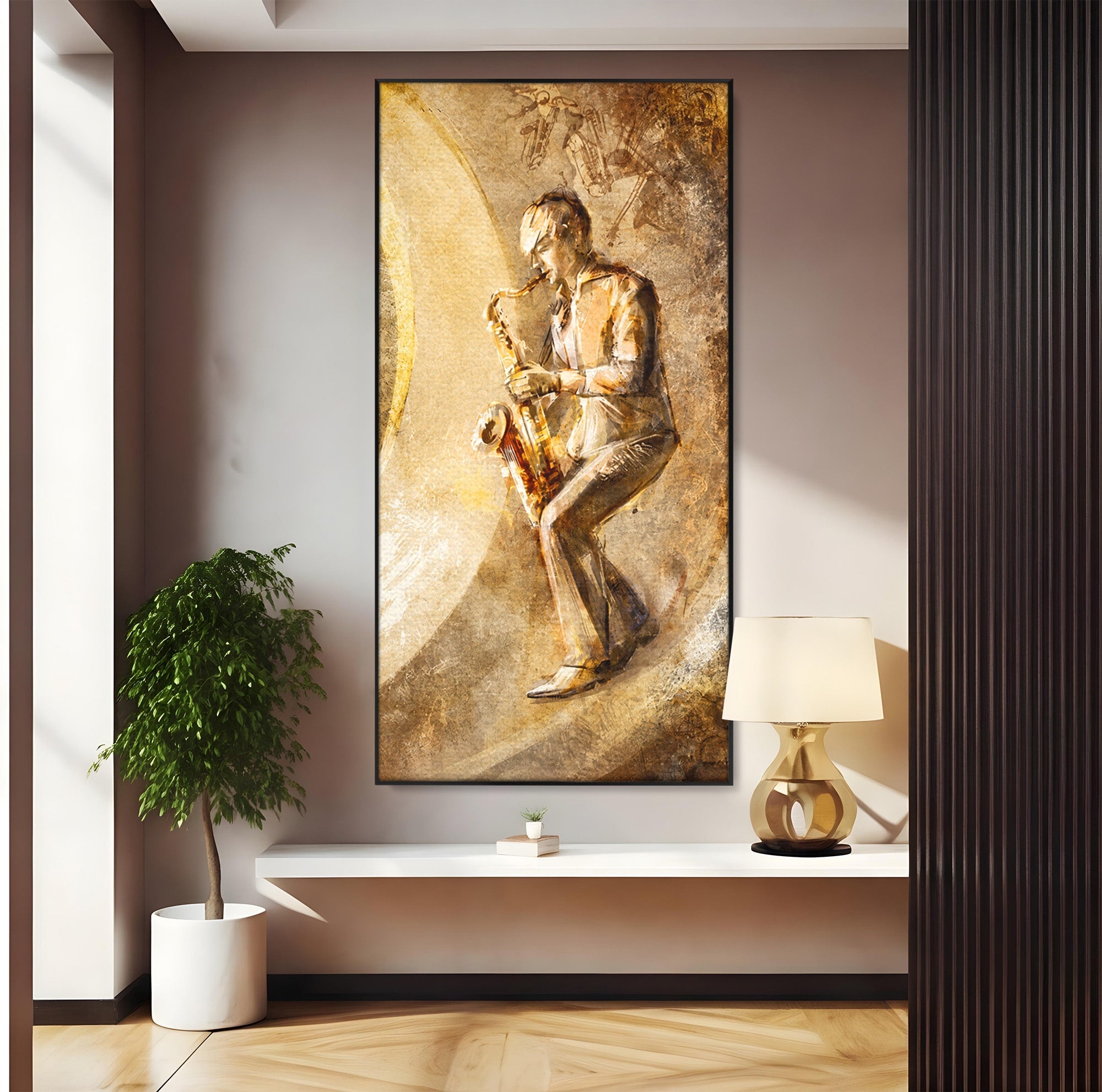 Tablou Canvas Premium LuxCanva® R1002, Saxofonistul Retro, Muzician, Saxofon, Retro, Arta, Living, Culori Vibrante