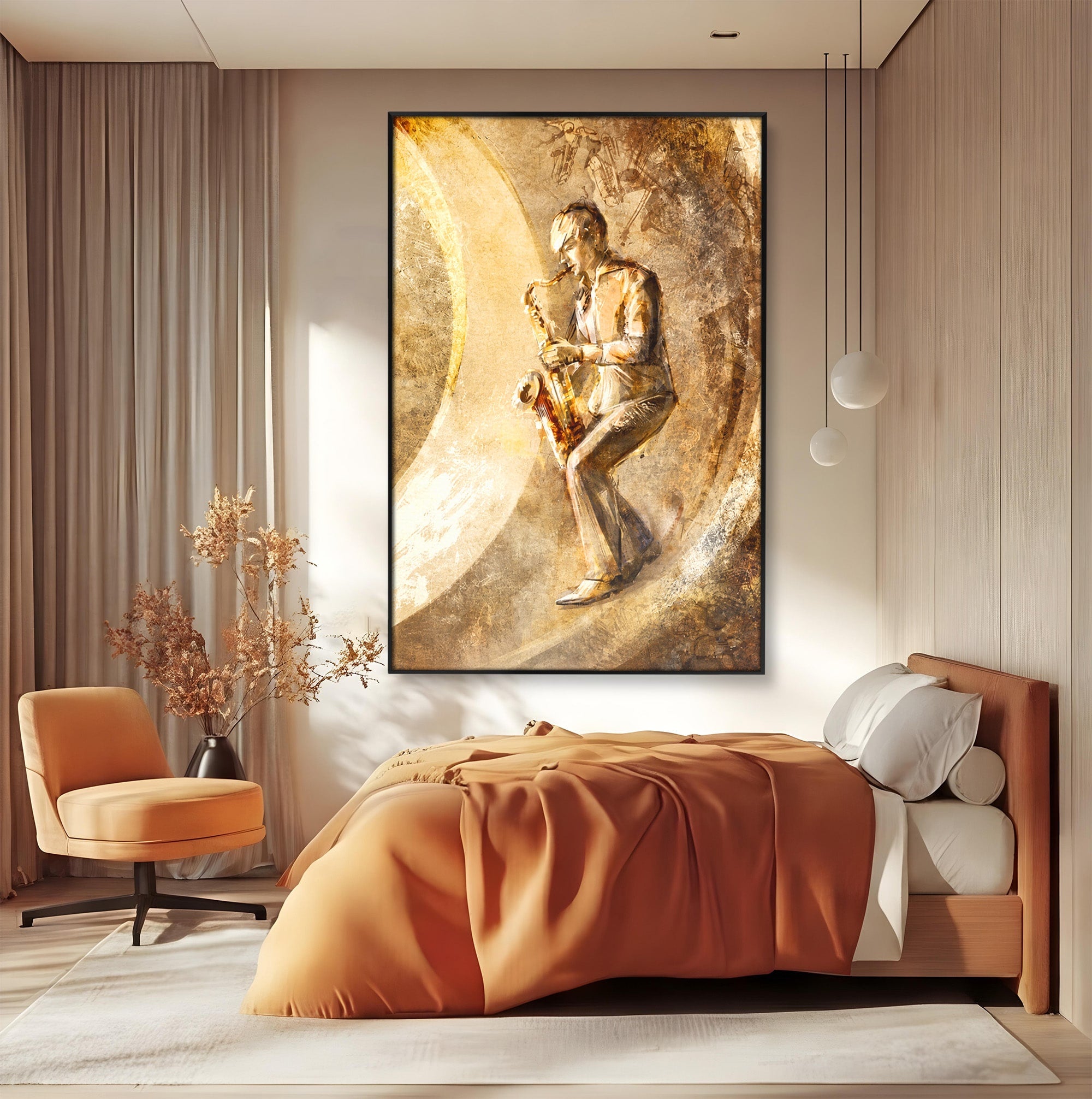 Tablou Canvas Premium LuxCanva® R1002, Saxofonistul Retro, Muzician, Saxofon, Retro, Arta, Living, Culori Vibrante