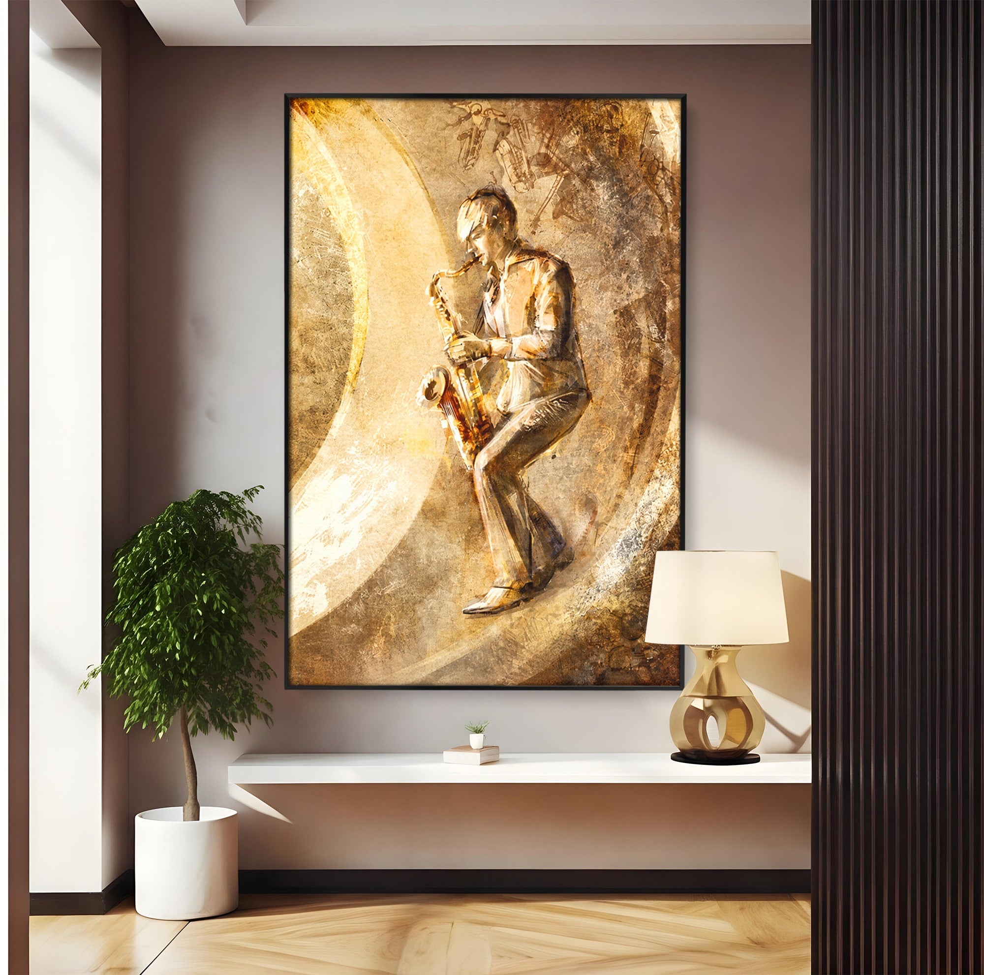 Tablou Canvas Premium LuxCanva® R1002, Saxofonistul Retro, Muzician, Saxofon, Retro, Arta, Living, Culori Vibrante