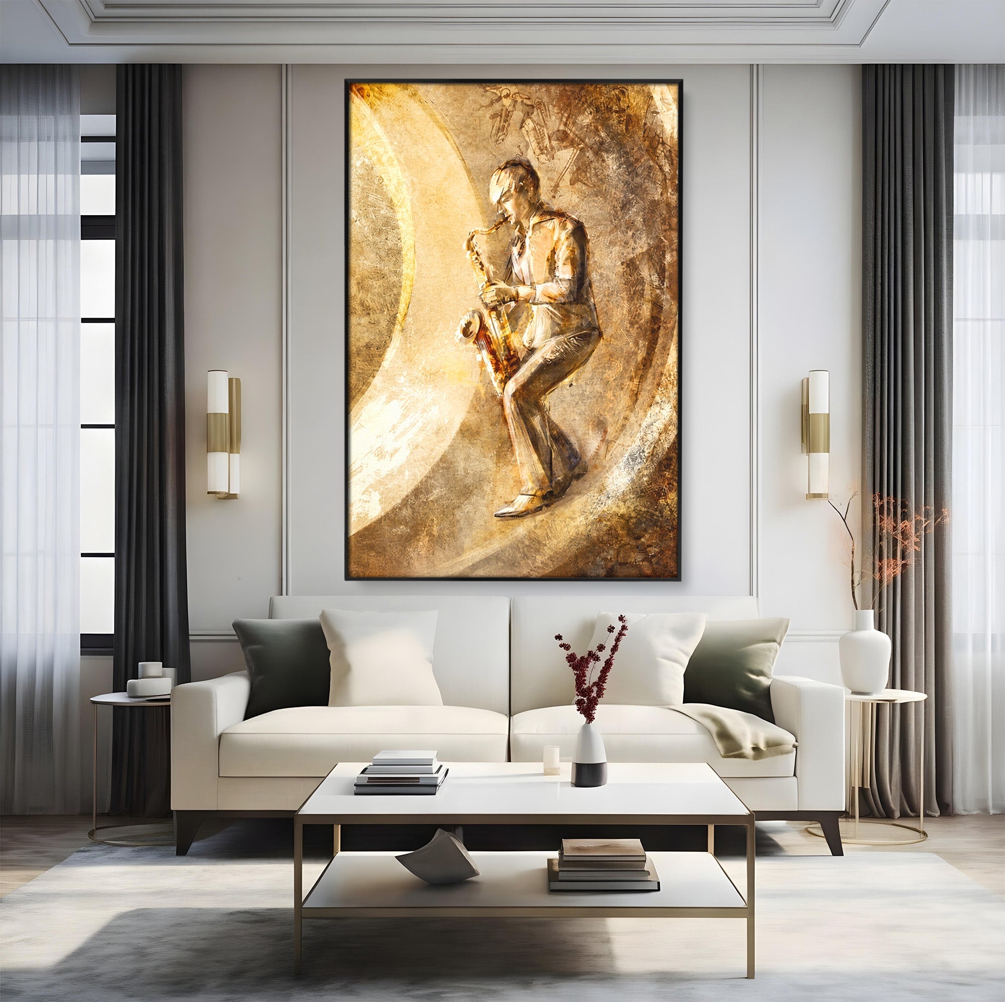 Tablou Canvas Premium LuxCanva® R1002, Saxofonistul Retro, Muzician, Saxofon, Retro, Arta, Living, Culori Vibrante