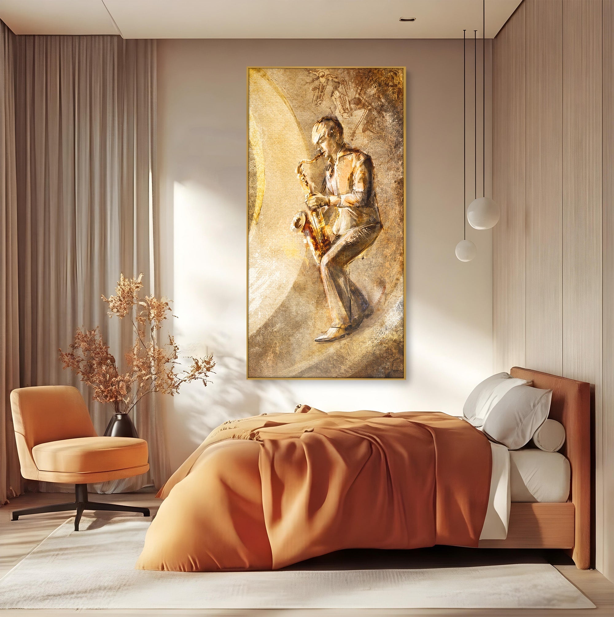 Tablou Canvas Premium LuxCanva® R1002, Saxofonistul Retro, Muzician, Saxofon, Retro, Arta, Living, Culori Vibrante