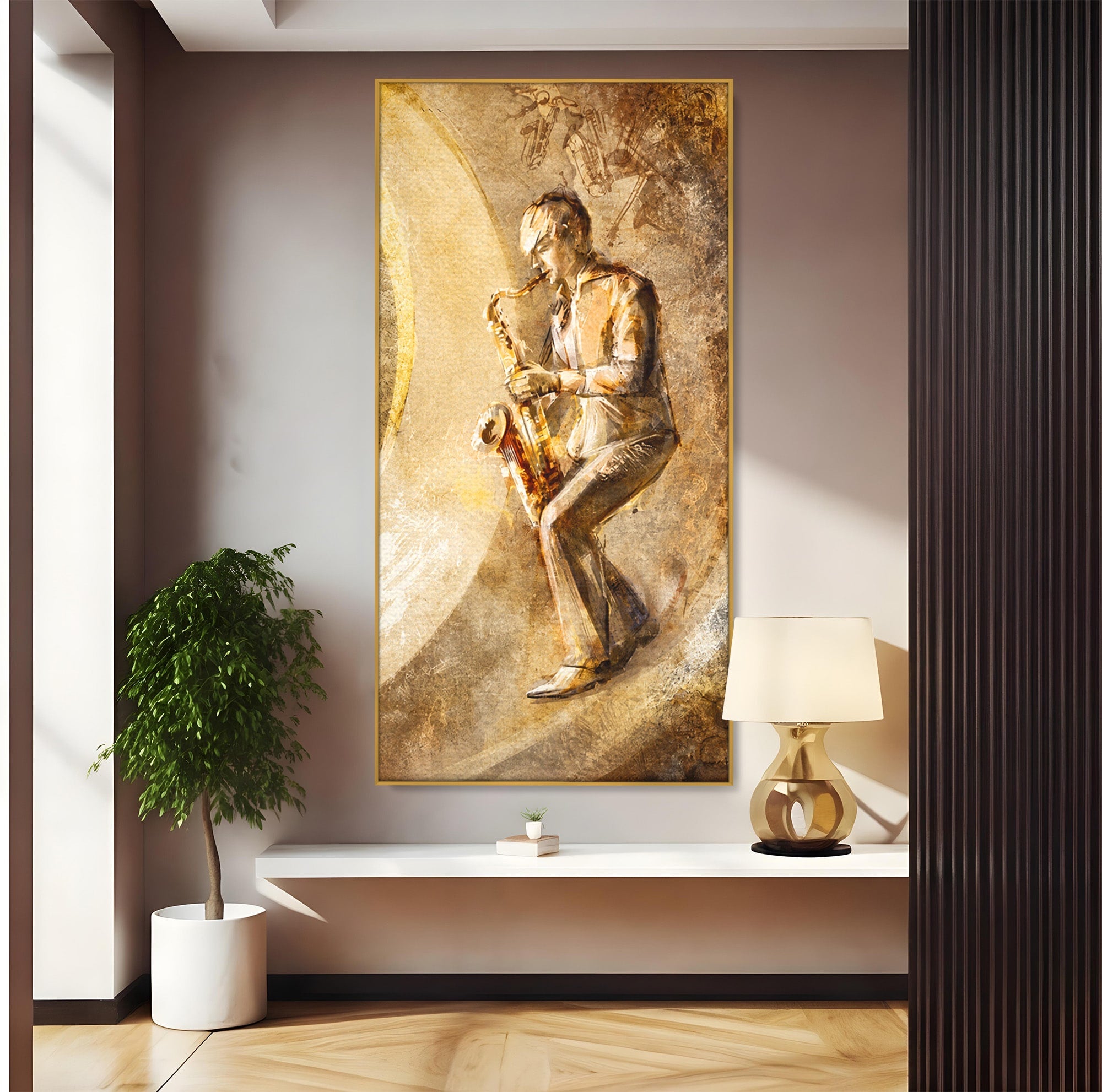 Tablou Canvas Premium LuxCanva® R1002, Saxofonistul Retro, Muzician, Saxofon, Retro, Arta, Living, Culori Vibrante