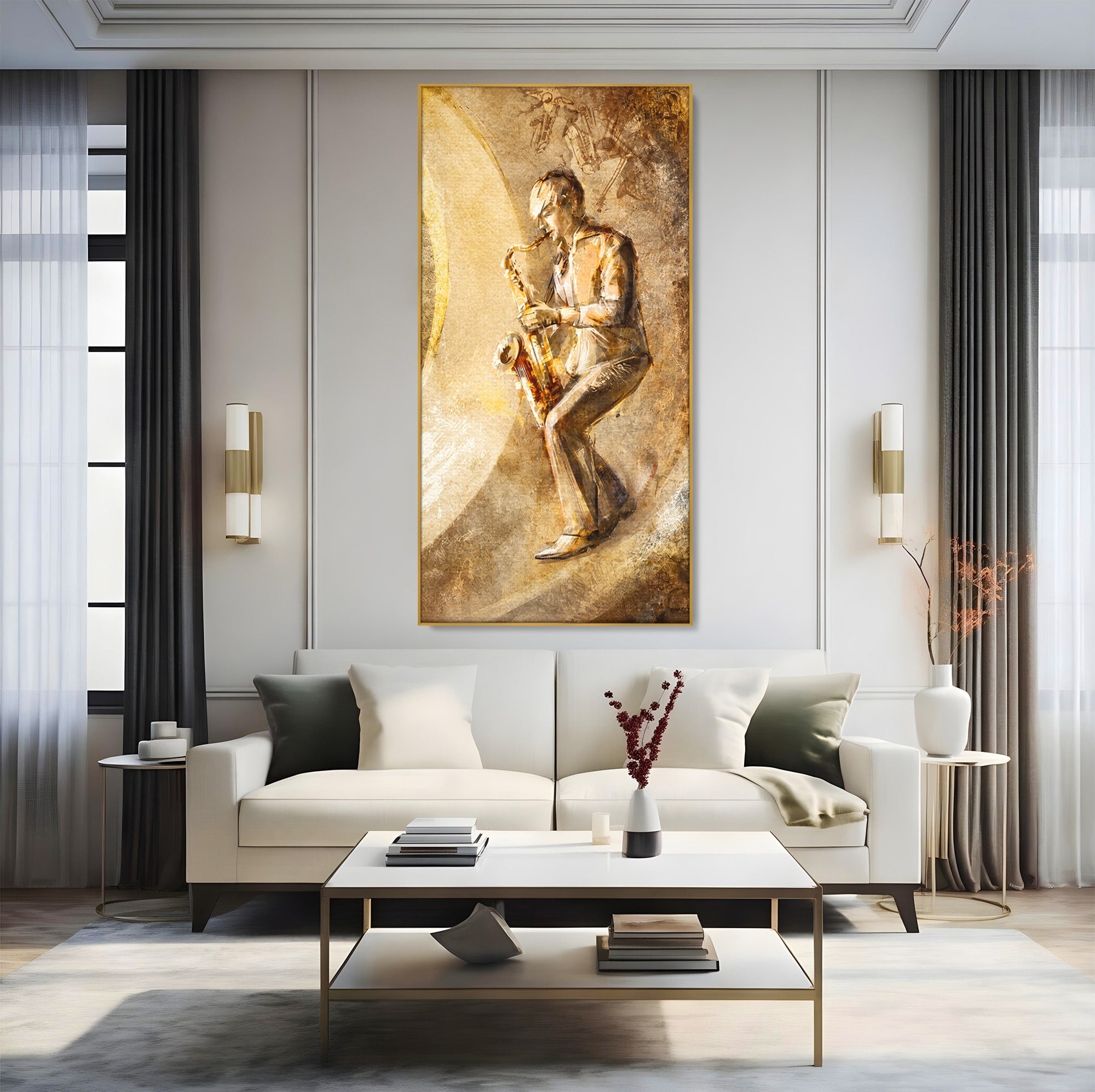 Tablou Canvas Premium LuxCanva® R1002, Saxofonistul Retro, Muzician, Saxofon, Retro, Arta, Living, Culori Vibrante