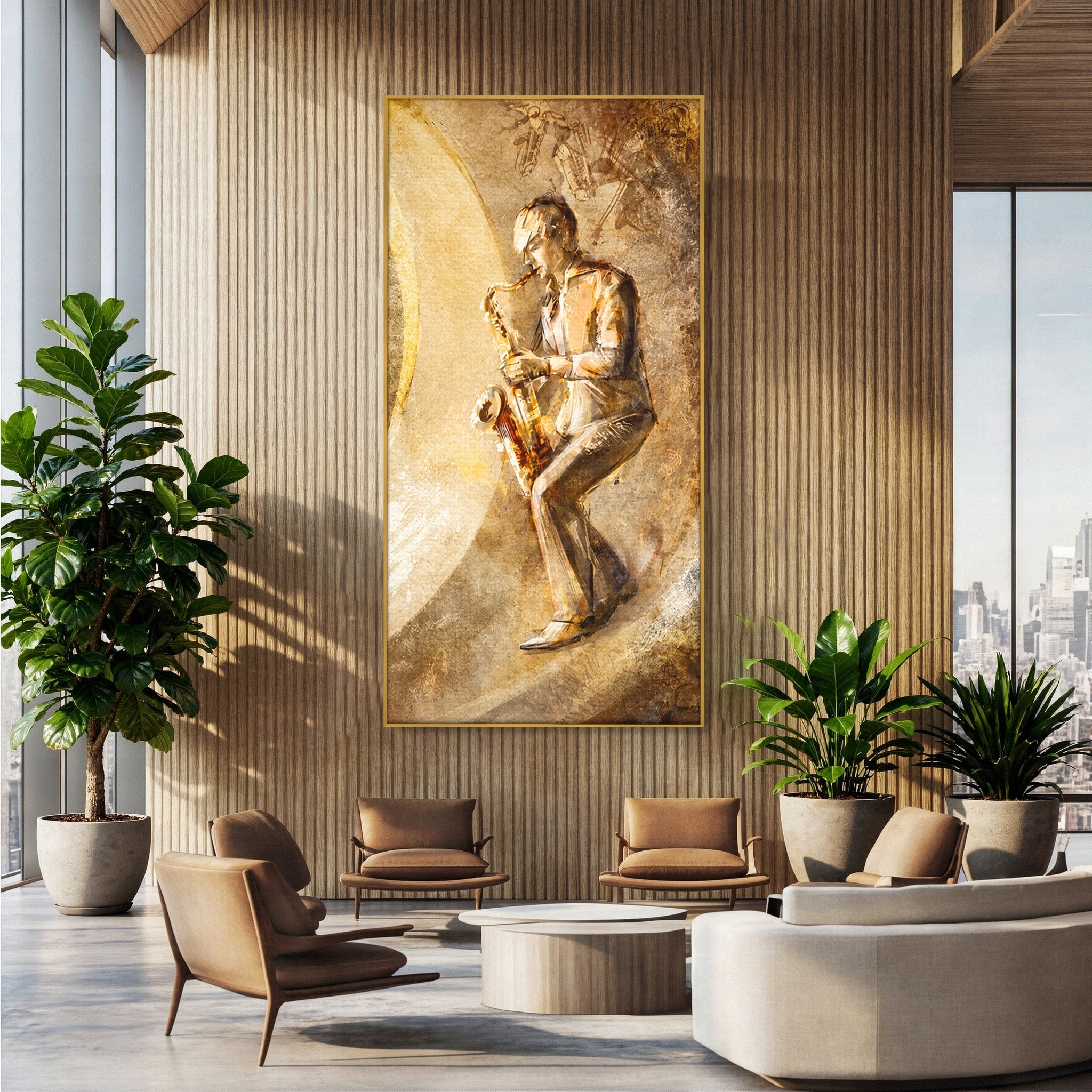 Tablou Canvas Premium LuxCanva® R1002, Saxofonistul Retro, Muzician, Saxofon, Retro, Arta, Living, Culori Vibrante