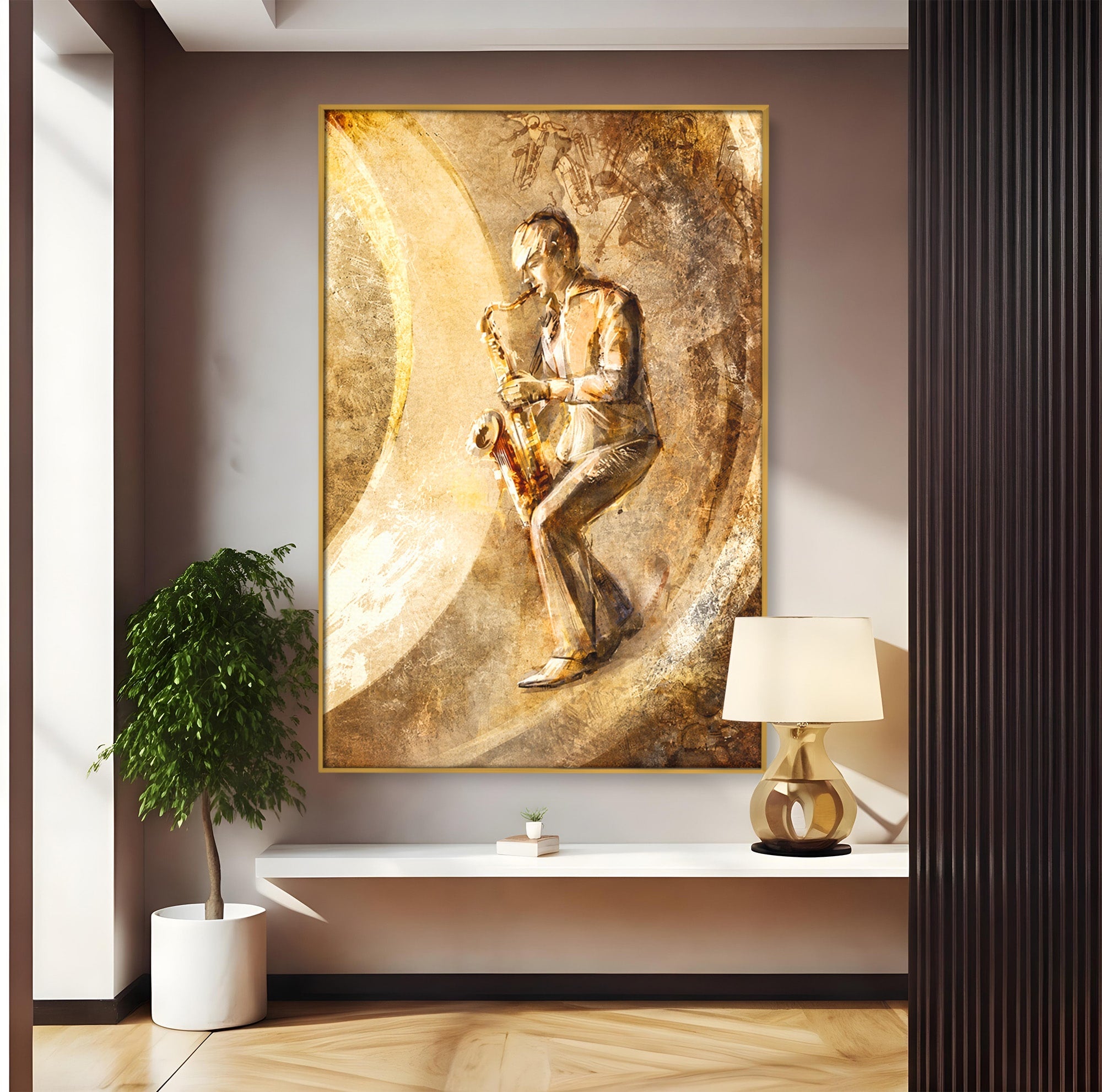 Tablou Canvas Premium LuxCanva® R1002, Saxofonistul Retro, Muzician, Saxofon, Retro, Arta, Living, Culori Vibrante