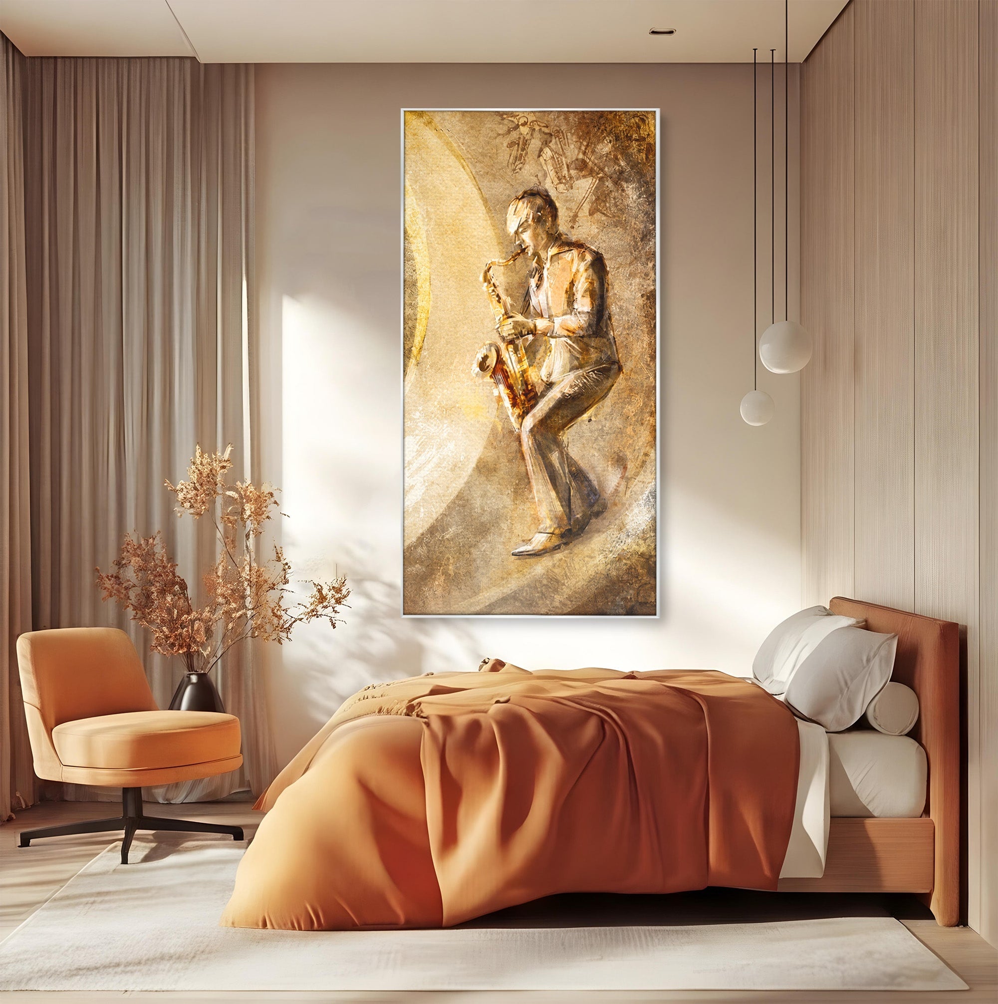 Tablou Canvas Premium LuxCanva® R1002, Saxofonistul Retro, Muzician, Saxofon, Retro, Arta, Living, Culori Vibrante