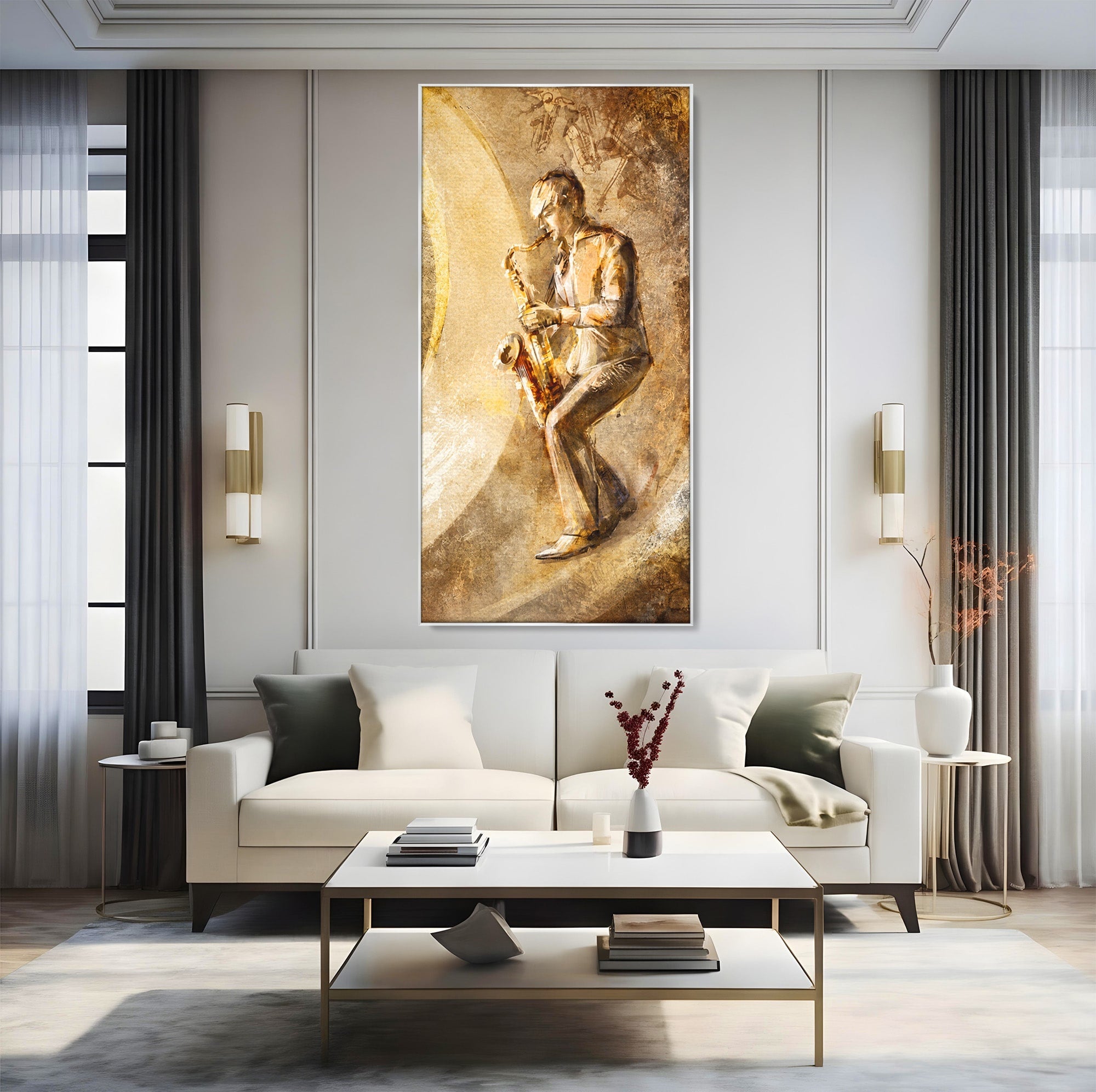 Tablou Canvas Premium LuxCanva® R1002, Saxofonistul Retro, Muzician, Saxofon, Retro, Arta, Living, Culori Vibrante