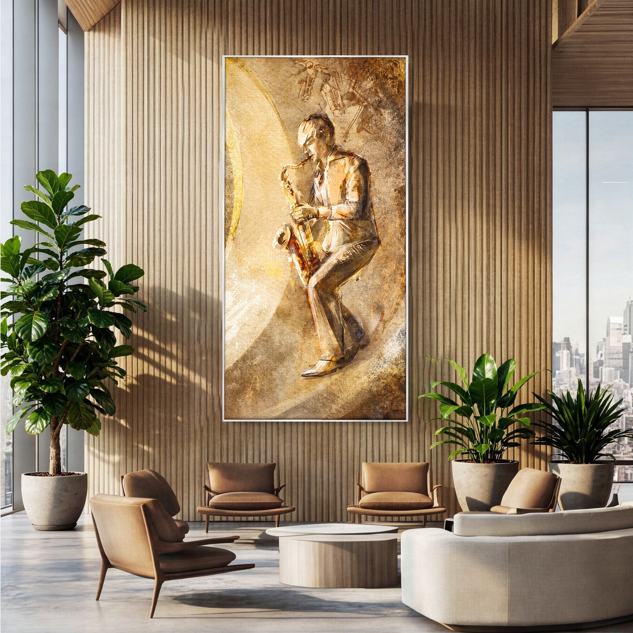 Tablou Canvas Premium LuxCanva® R1002, Saxofonistul Retro, Muzician, Saxofon, Retro, Arta, Living, Culori Vibrante