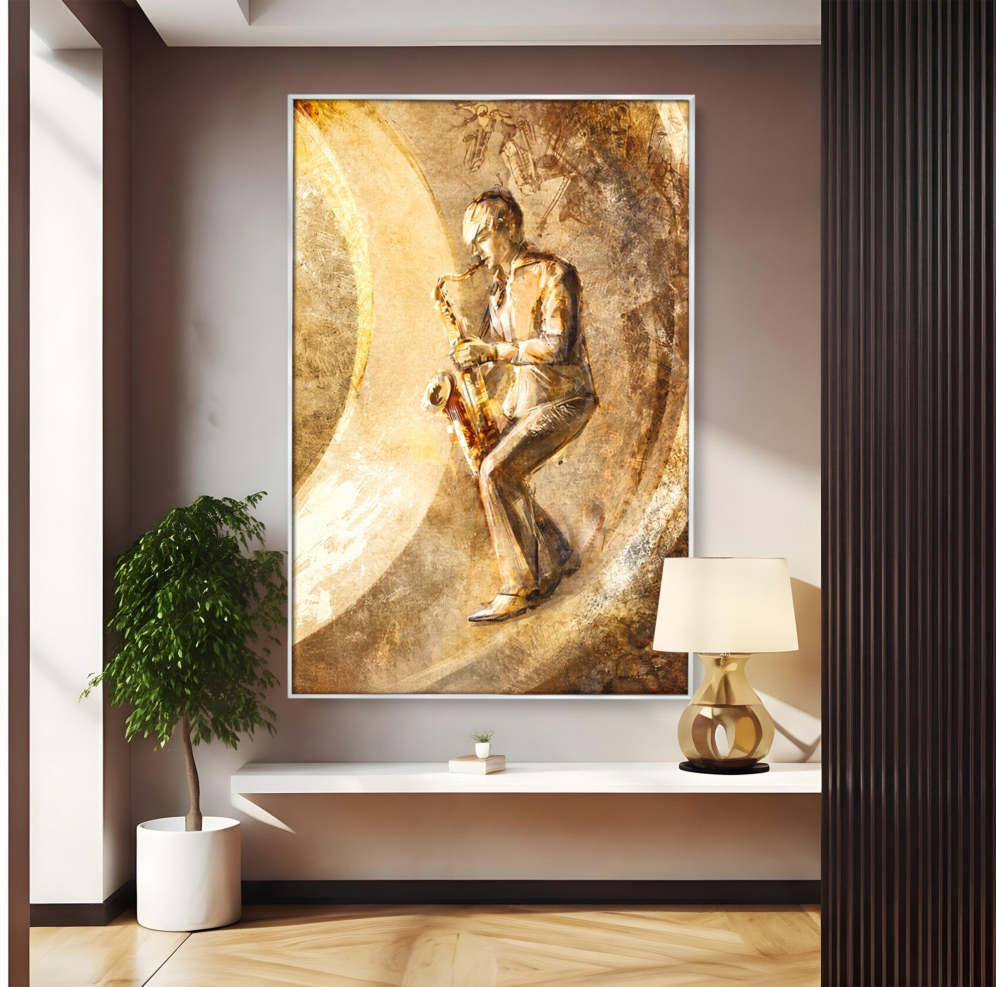 Tablou Canvas Premium LuxCanva® R1002, Saxofonistul Retro, Muzician, Saxofon, Retro, Arta, Living, Culori Vibrante