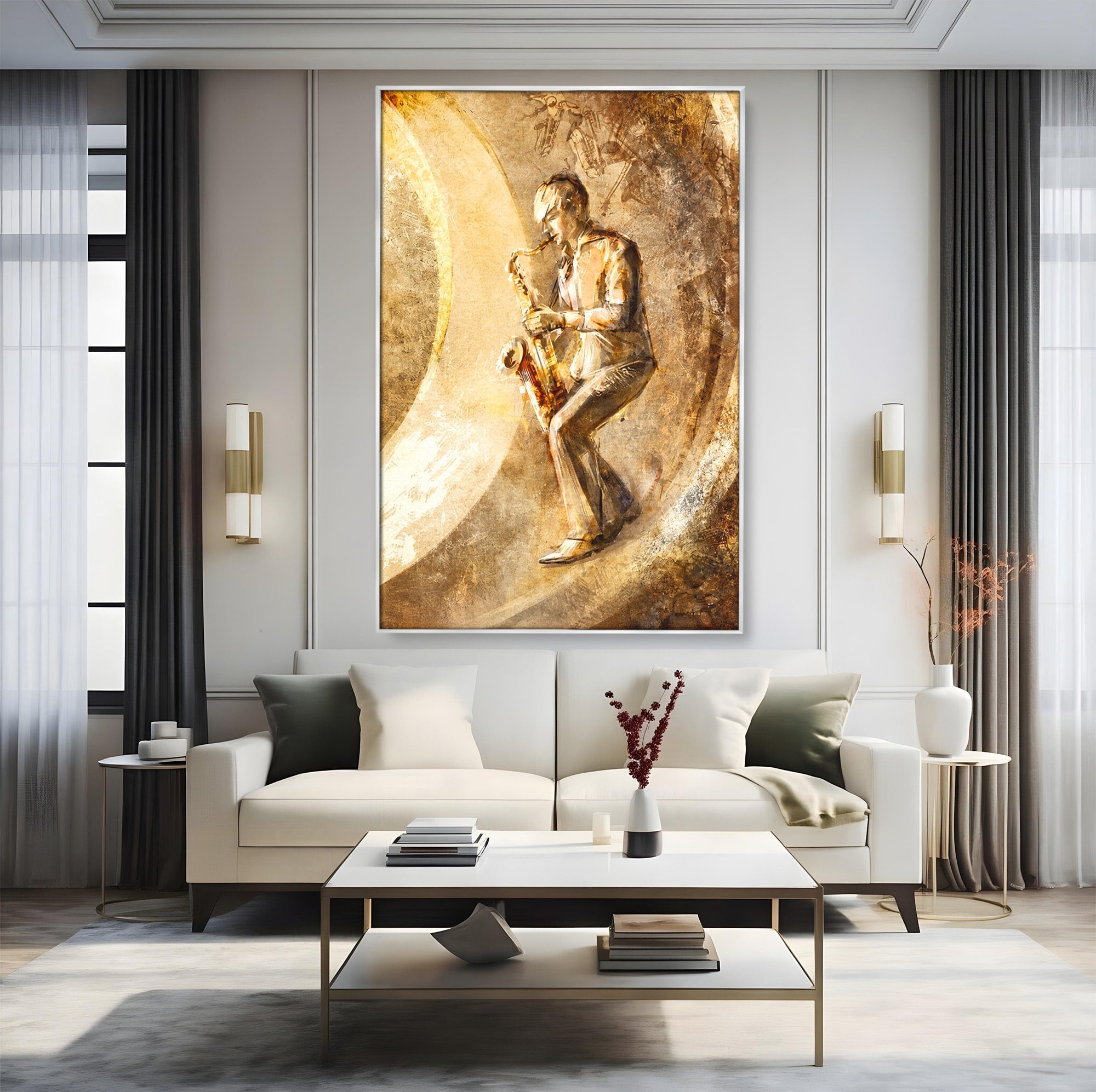 Tablou Canvas Premium LuxCanva® R1002, Saxofonistul Retro, Muzician, Saxofon, Retro, Arta, Living, Culori Vibrante