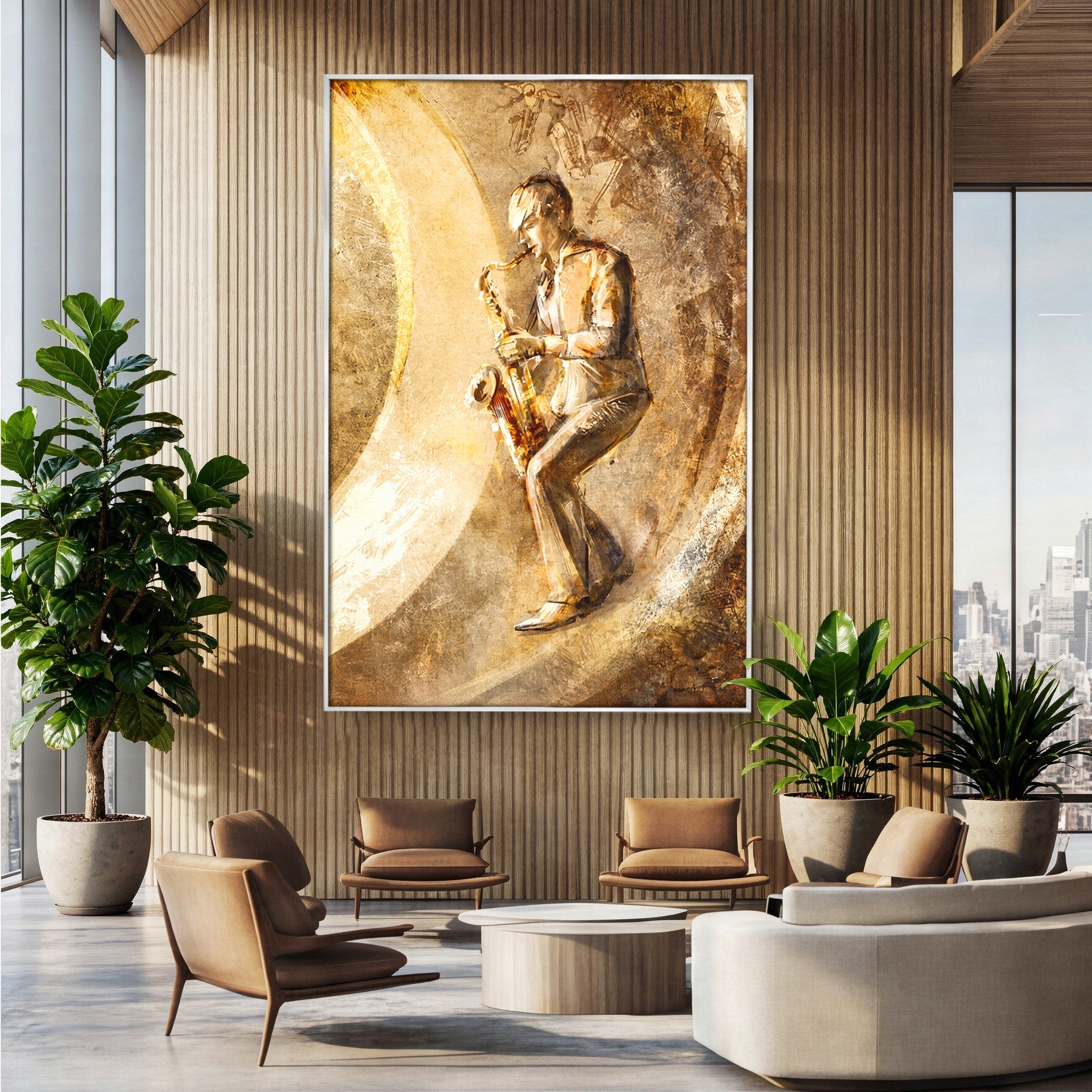 Tablou Canvas Premium LuxCanva® R1002, Saxofonistul Retro, Muzician, Saxofon, Retro, Arta, Living, Culori Vibrante