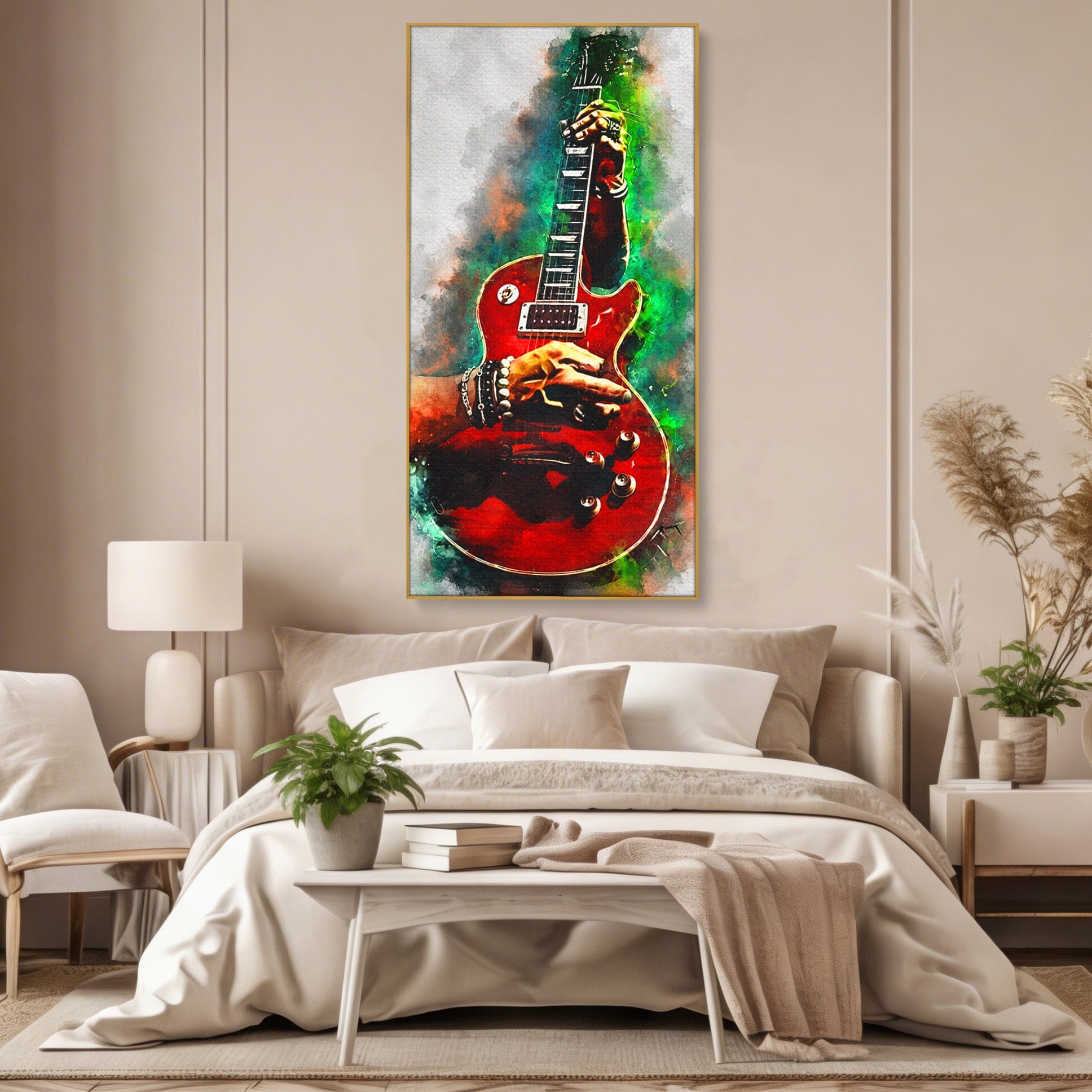 Tablou Canvas Premium LuxCanva® R1003, Chitara Rock Vibranta, Chitara, Muzica, Rock, Arta, Living, Culori Vibrante