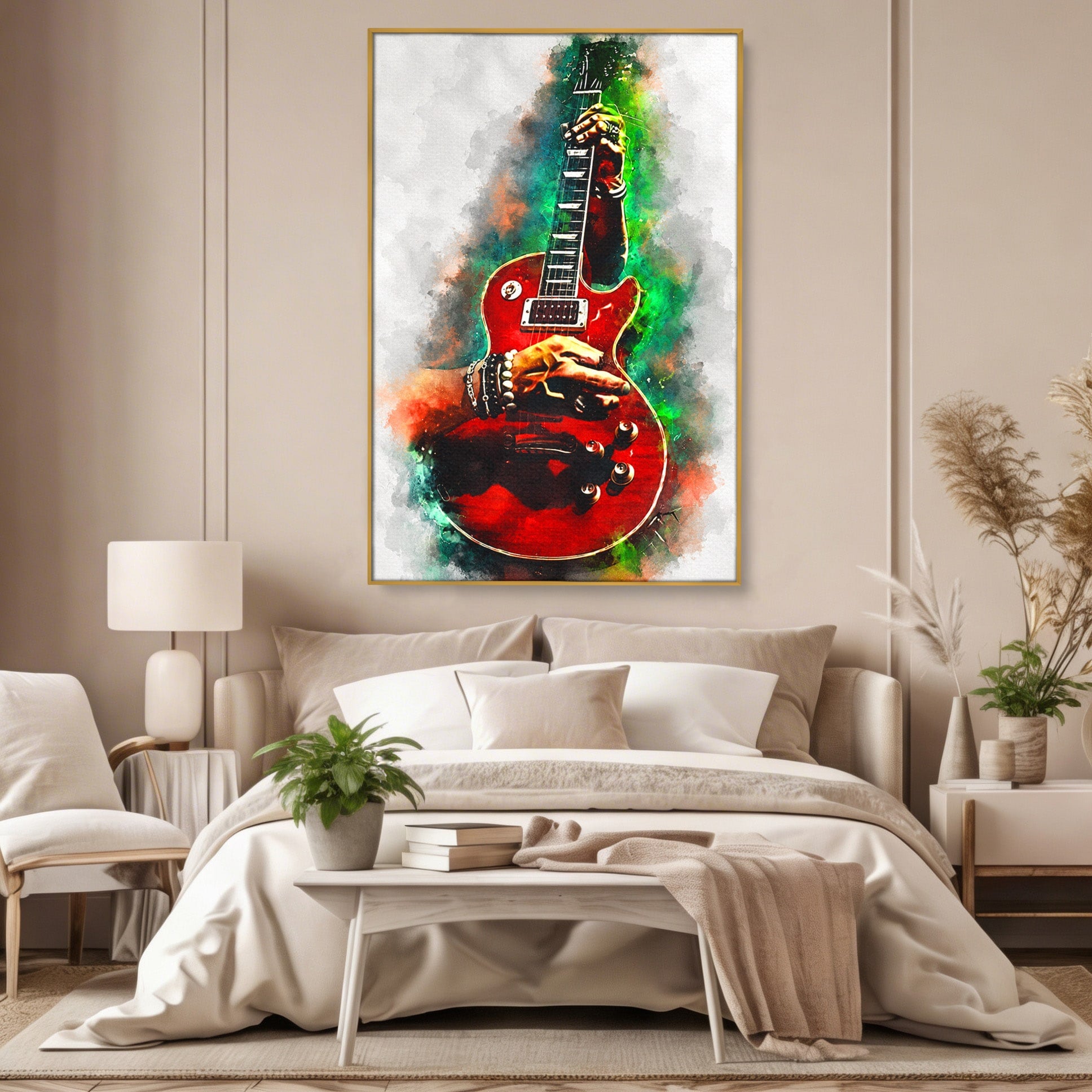 Tablou Canvas Premium LuxCanva® R1003, Chitara Rock Vibranta, Chitara, Muzica, Rock, Arta, Living, Culori Vibrante