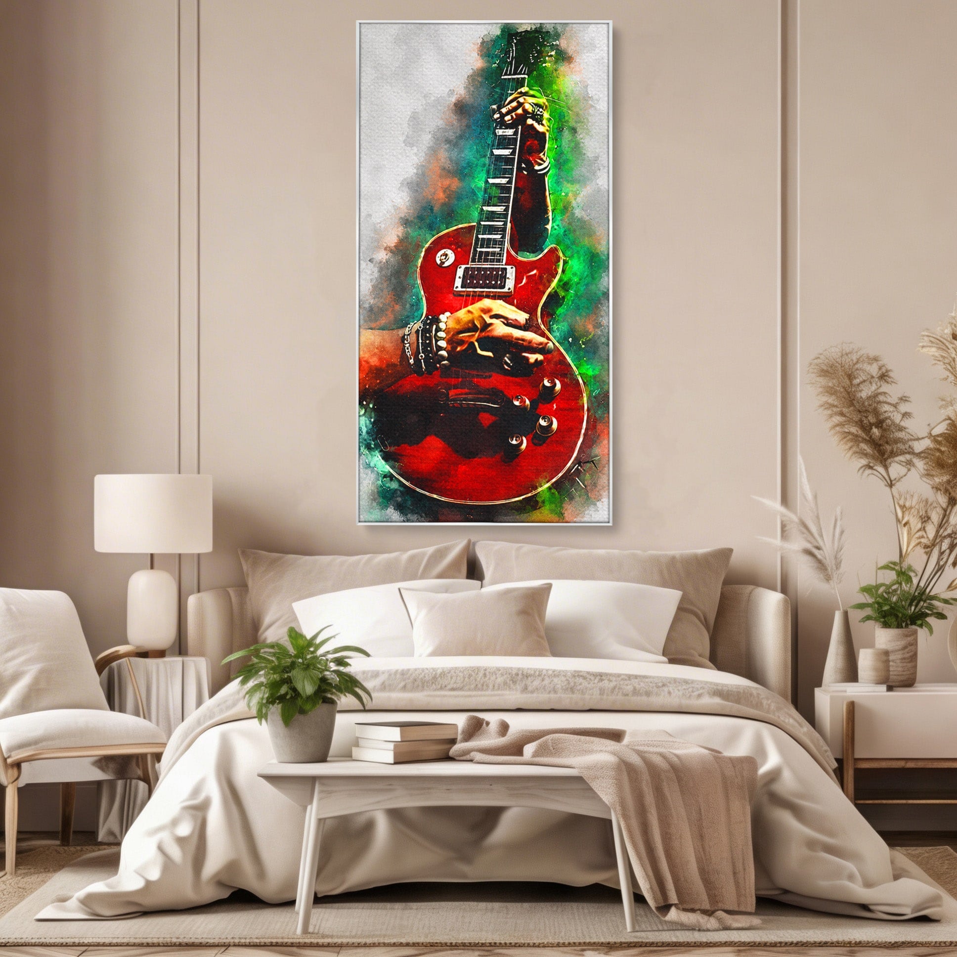 Tablou Canvas Premium LuxCanva® R1003, Chitara Rock Vibranta, Chitara, Muzica, Rock, Arta, Living, Culori Vibrante