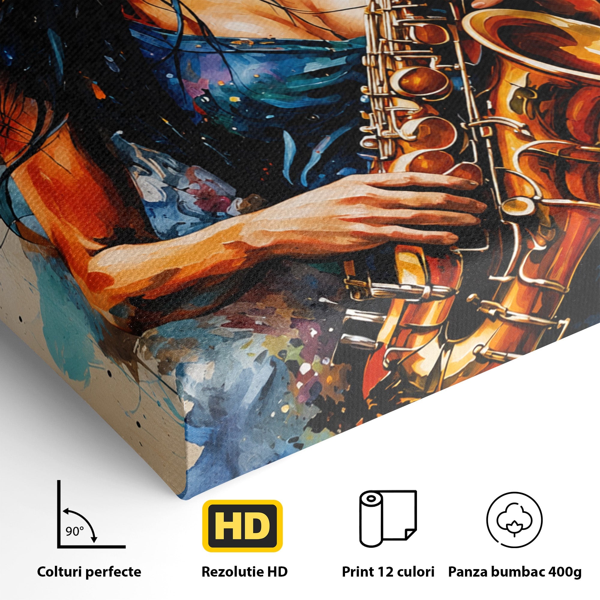 Tablou Canvas Premium LuxCanva® R1004, Saxofonista Pasionala, Saxofon, Muzica, Femeie, Living, Arta, Culori Vibrante