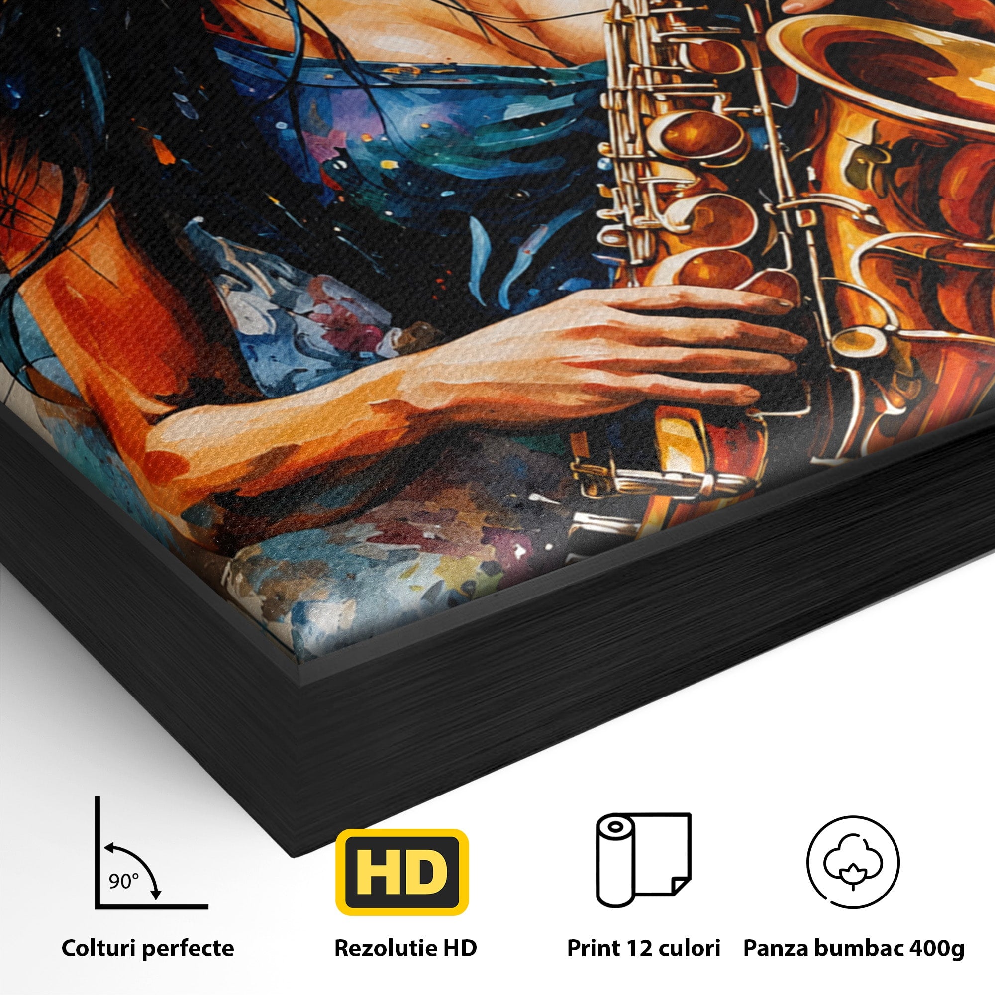 Tablou Canvas Premium LuxCanva® R1004, Saxofonista Pasionala, Saxofon, Muzica, Femeie, Living, Arta, Culori Vibrante