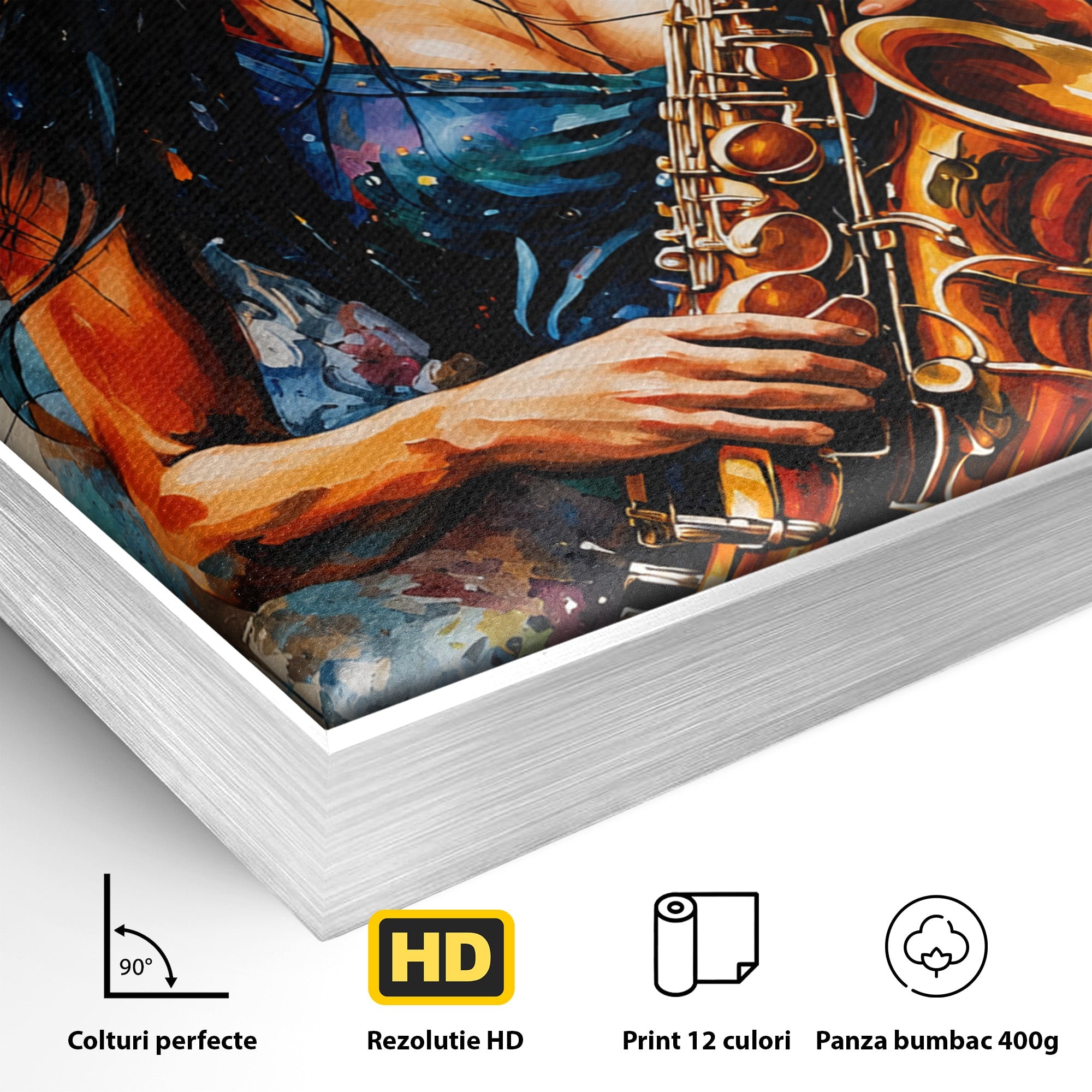 Tablou Canvas Premium LuxCanva® R1004, Saxofonista Pasionala, Saxofon, Muzica, Femeie, Living, Arta, Culori Vibrante