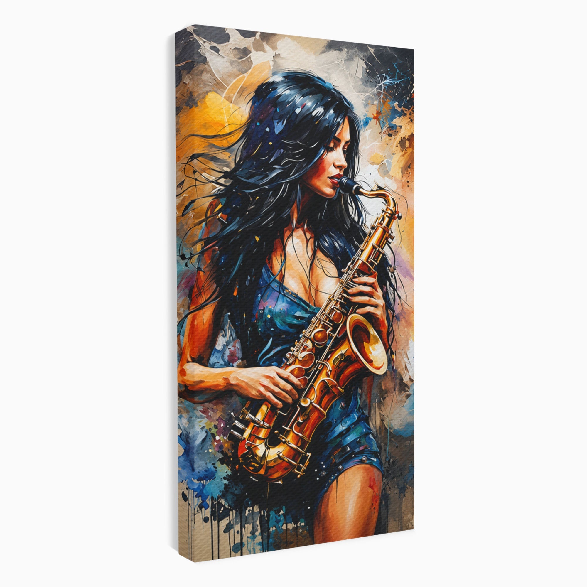 Tablou Canvas Premium LuxCanva® R1004, Saxofonista Pasionala, Saxofon, Muzica, Femeie, Living, Arta, Culori Vibrante