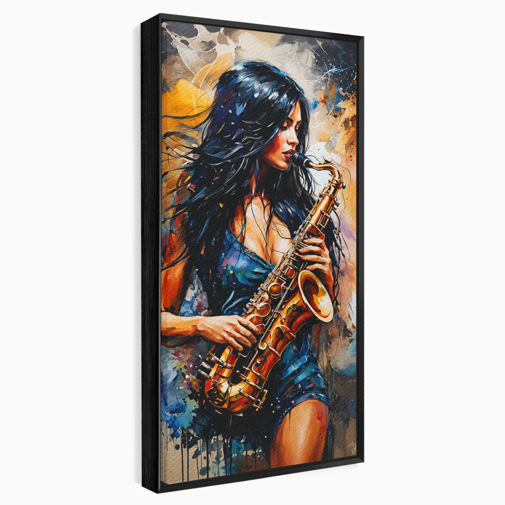 Tablou Canvas Premium LuxCanva® R1004, Saxofonista Pasionala, Saxofon, Muzica, Femeie, Living, Arta, Culori Vibrante