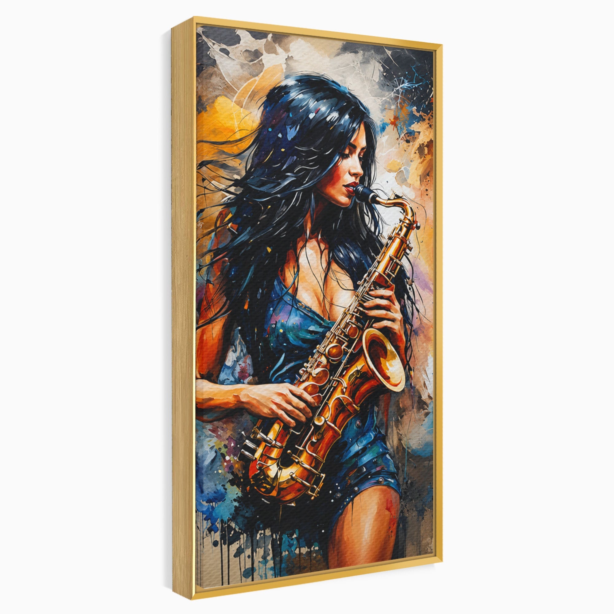 Tablou Canvas Premium LuxCanva® R1004, Saxofonista Pasionala, Saxofon, Muzica, Femeie, Living, Arta, Culori Vibrante