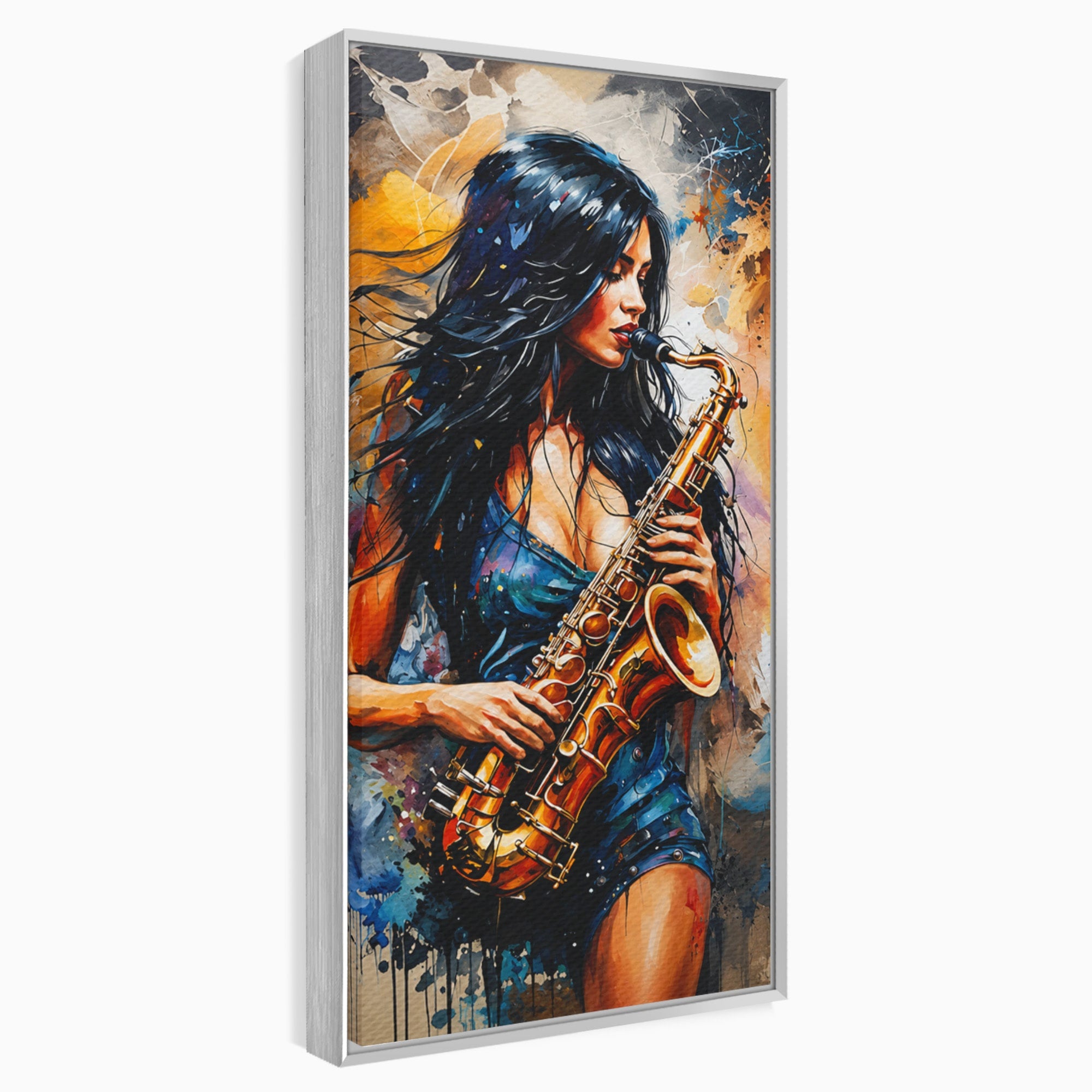 Tablou Canvas Premium LuxCanva® R1004, Saxofonista Pasionala, Saxofon, Muzica, Femeie, Living, Arta, Culori Vibrante