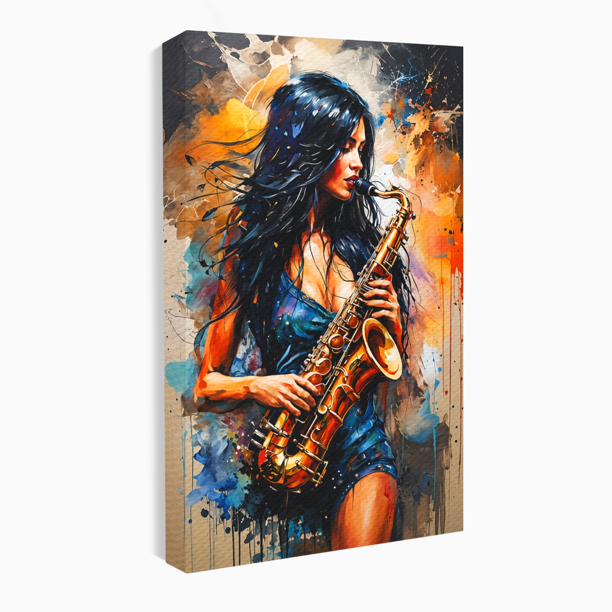 Tablou Canvas Premium LuxCanva® R1004, Saxofonista Pasionala, Saxofon, Muzica, Femeie, Living, Arta, Culori Vibrante