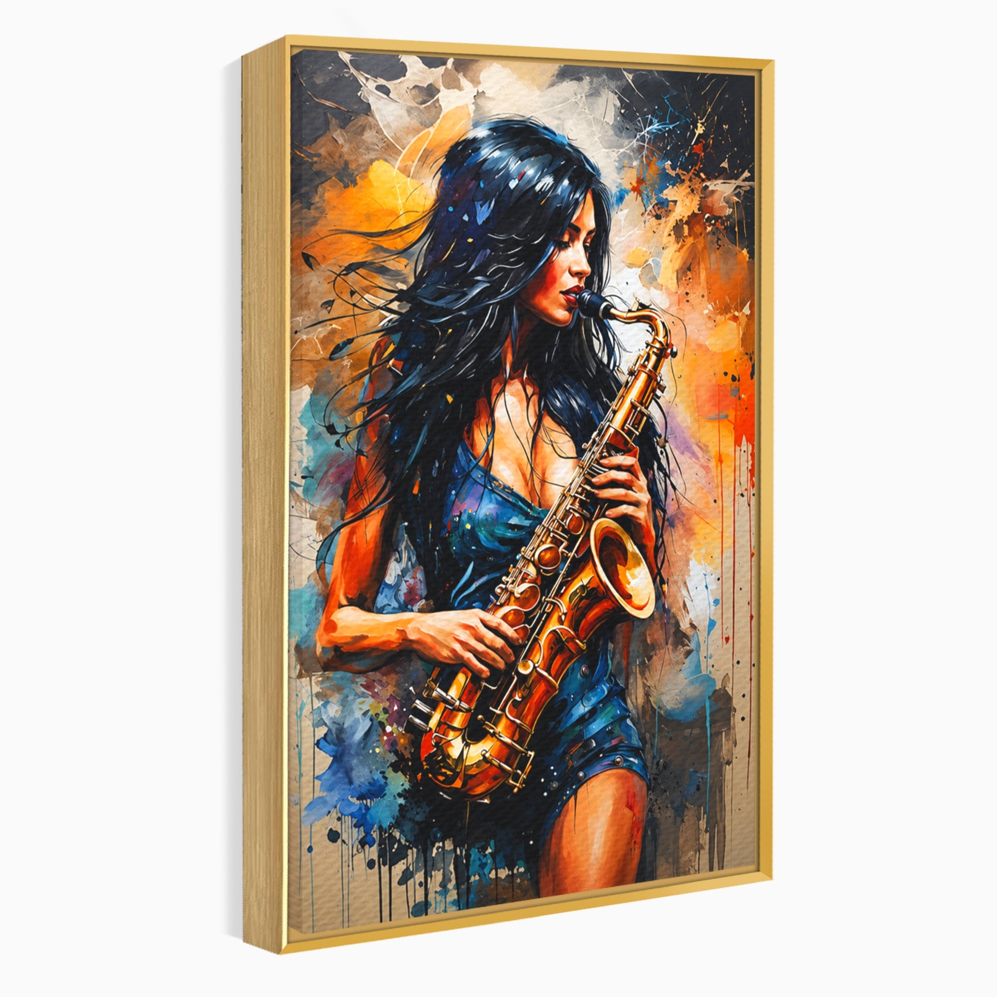 Tablou Canvas Premium LuxCanva® R1004, Saxofonista Pasionala, Saxofon, Muzica, Femeie, Living, Arta, Culori Vibrante