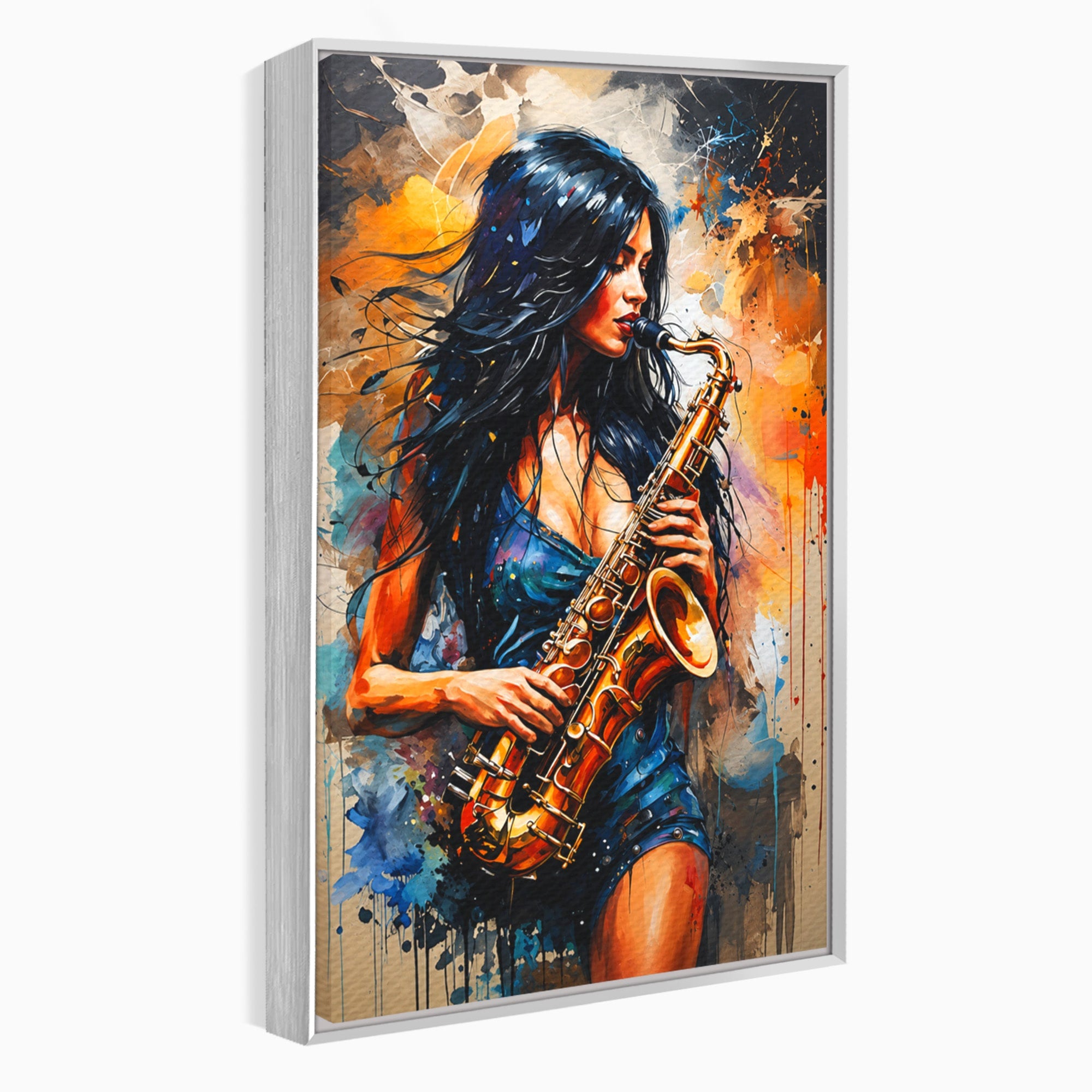 Tablou Canvas Premium LuxCanva® R1004, Saxofonista Pasionala, Saxofon, Muzica, Femeie, Living, Arta, Culori Vibrante