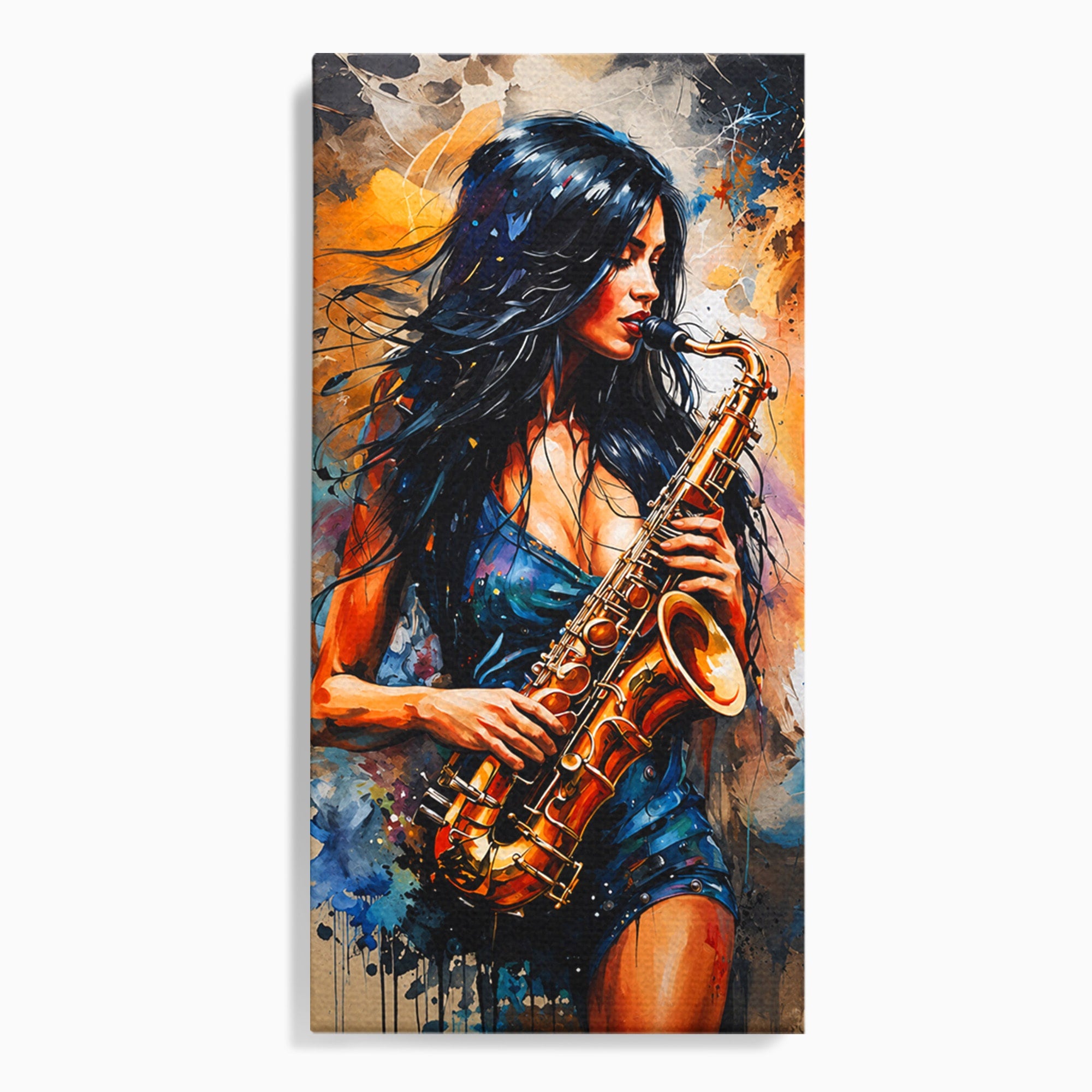 Tablou Canvas Premium LuxCanva® R1004, Saxofonista Pasionala, Saxofon, Muzica, Femeie, Living, Arta, Culori Vibrante