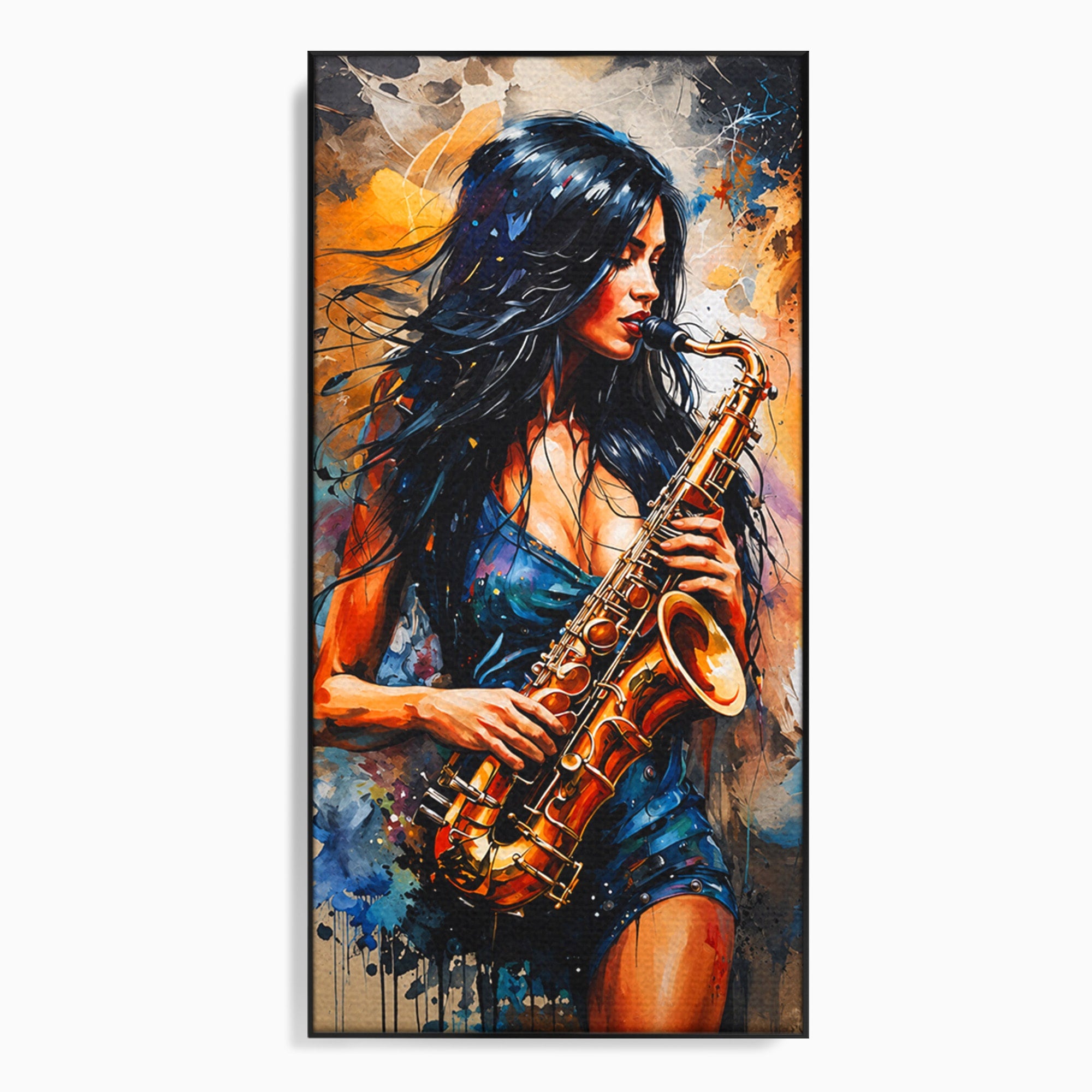 Tablou Canvas Premium LuxCanva® R1004, Saxofonista Pasionala, Saxofon, Muzica, Femeie, Living, Arta, Culori Vibrante