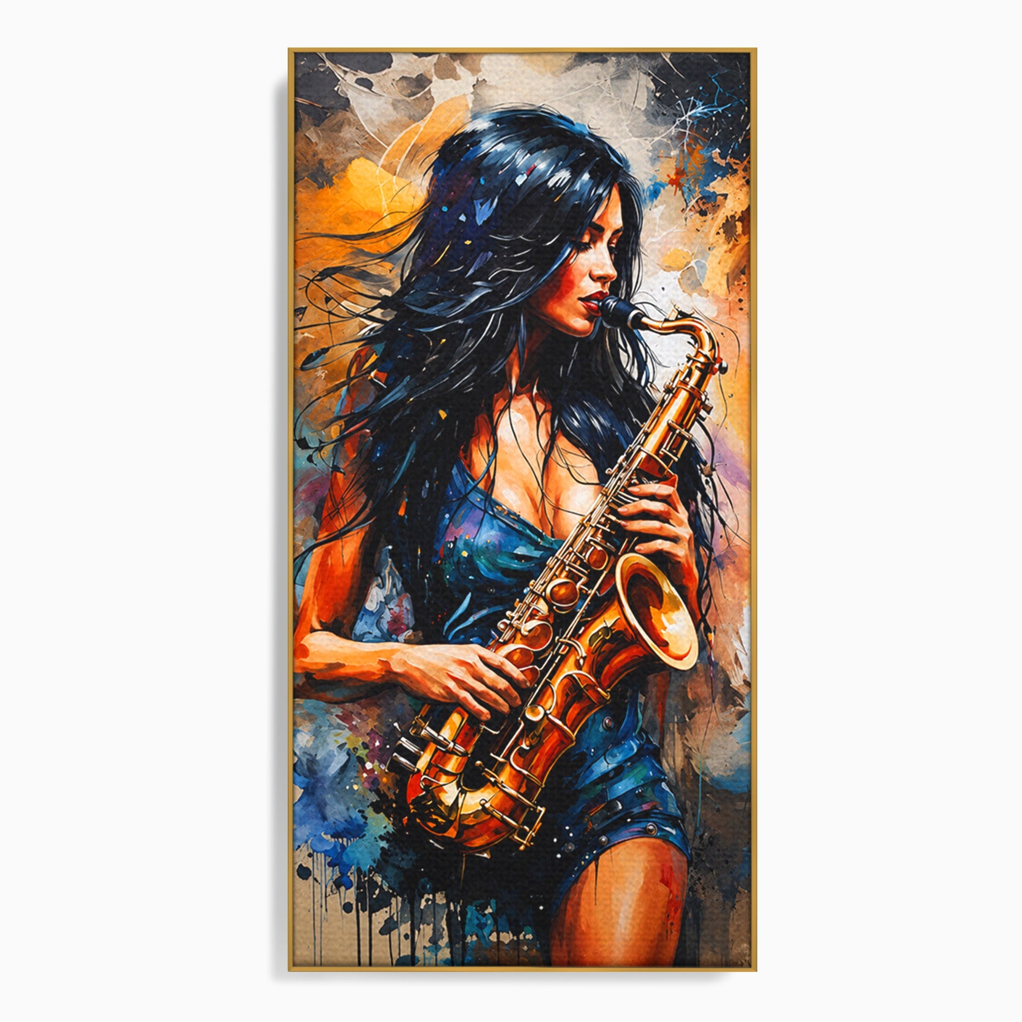 Tablou Canvas Premium LuxCanva® R1004, Saxofonista Pasionala, Saxofon, Muzica, Femeie, Living, Arta, Culori Vibrante