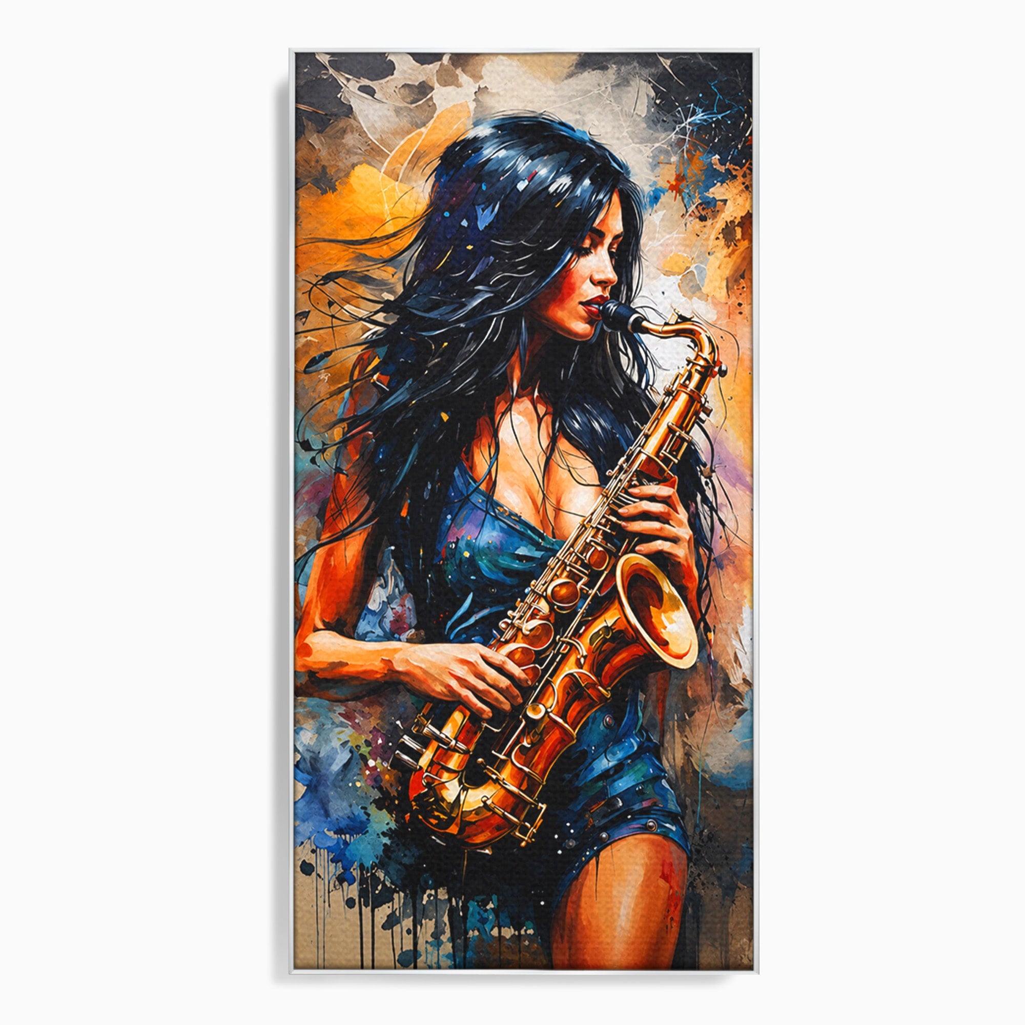 Tablou Canvas Premium LuxCanva® R1004, Saxofonista Pasionala, Saxofon, Muzica, Femeie, Living, Arta, Culori Vibrante