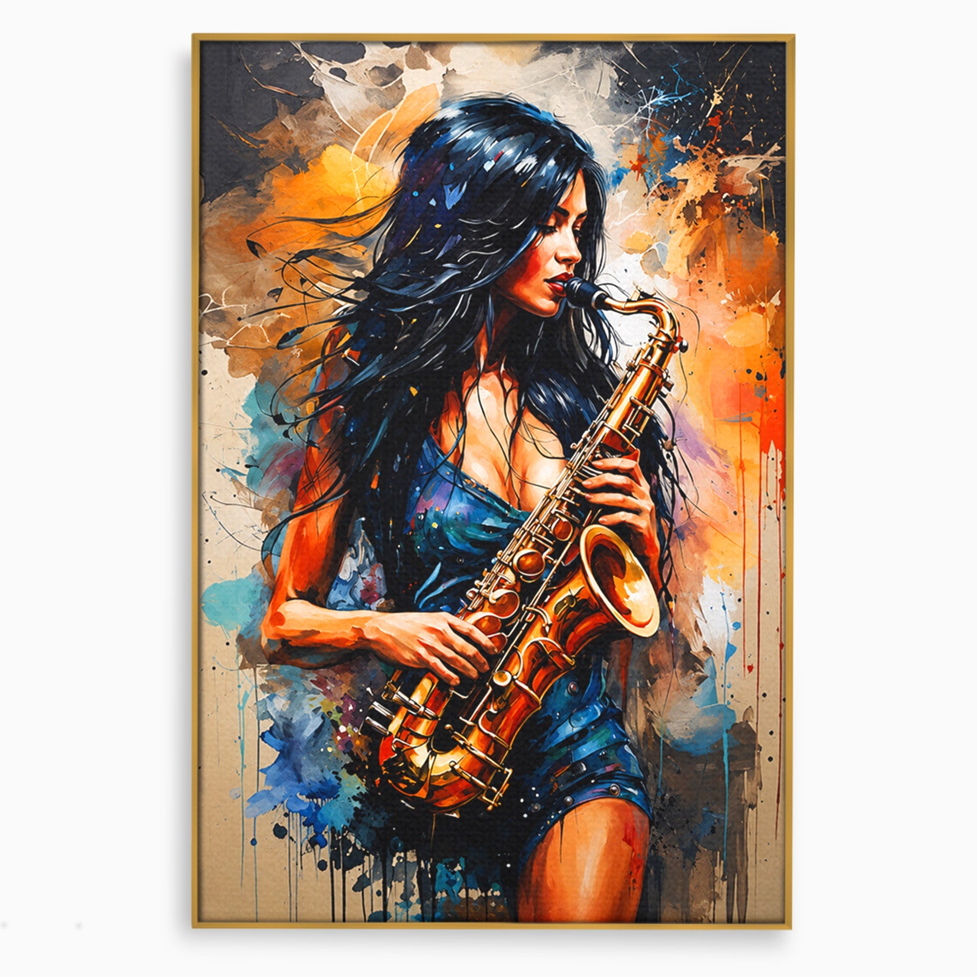 Tablou Canvas Premium LuxCanva® R1004, Saxofonista Pasionala, Saxofon, Muzica, Femeie, Living, Arta, Culori Vibrante
