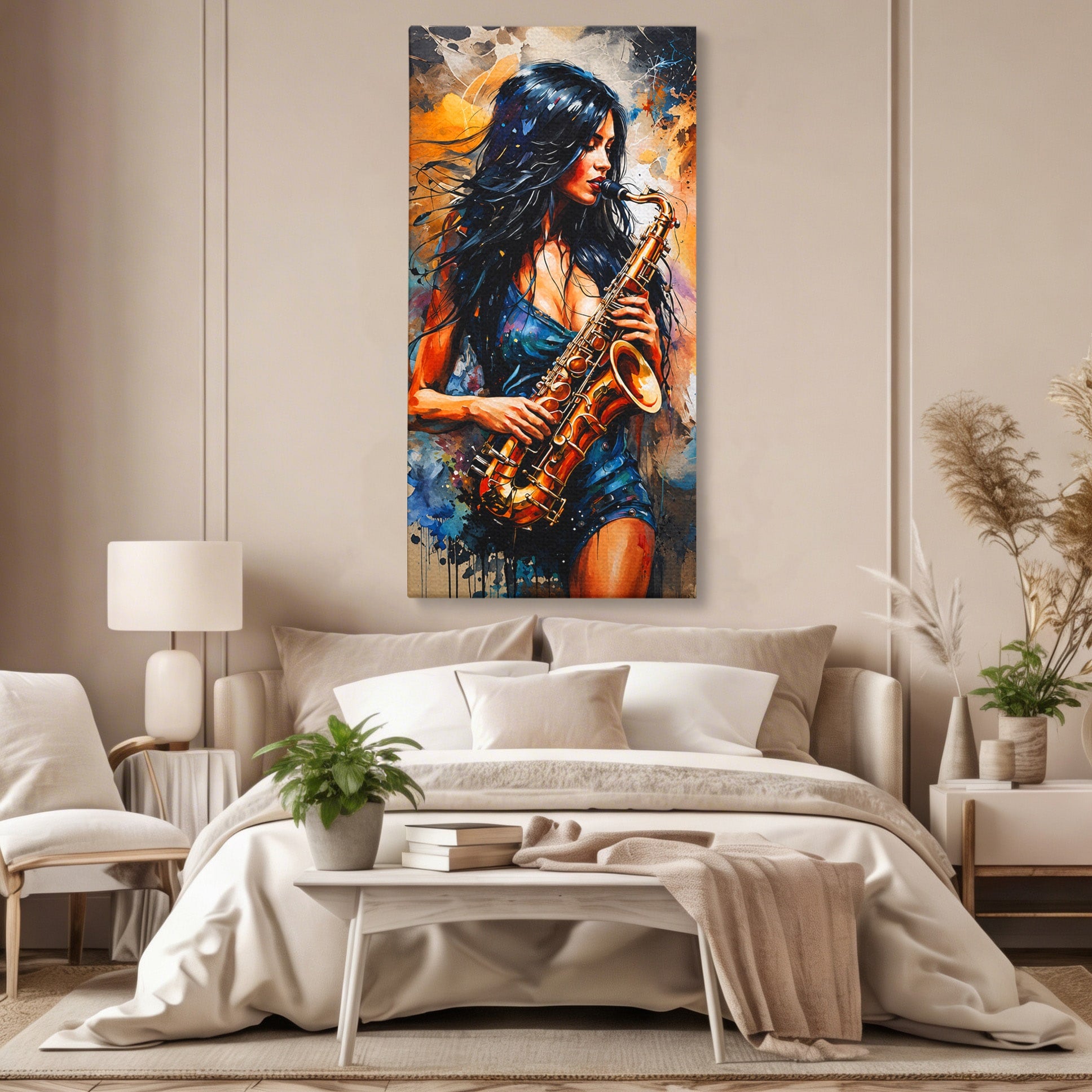 Tablou Canvas Premium LuxCanva® R1004, Saxofonista Pasionala, Saxofon, Muzica, Femeie, Living, Arta, Culori Vibrante