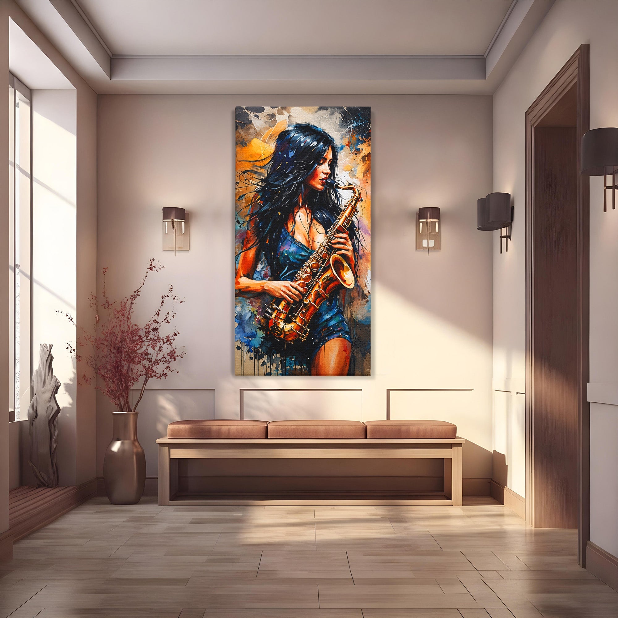 Tablou Canvas Premium LuxCanva® R1004, Saxofonista Pasionala, Saxofon, Muzica, Femeie, Living, Arta, Culori Vibrante