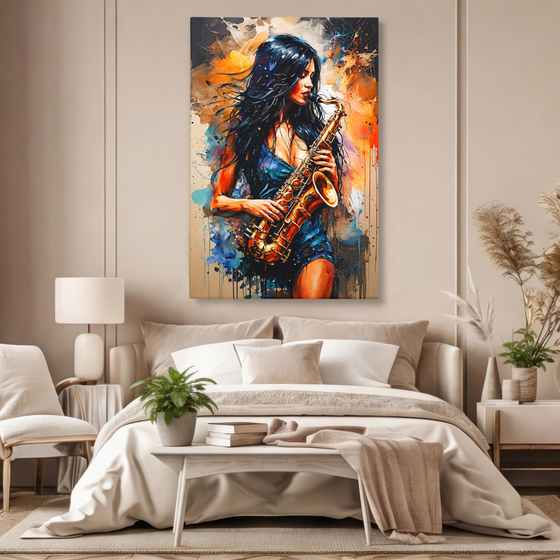 Tablou Canvas Premium LuxCanva® R1004, Saxofonista Pasionala, Saxofon, Muzica, Femeie, Living, Arta, Culori Vibrante