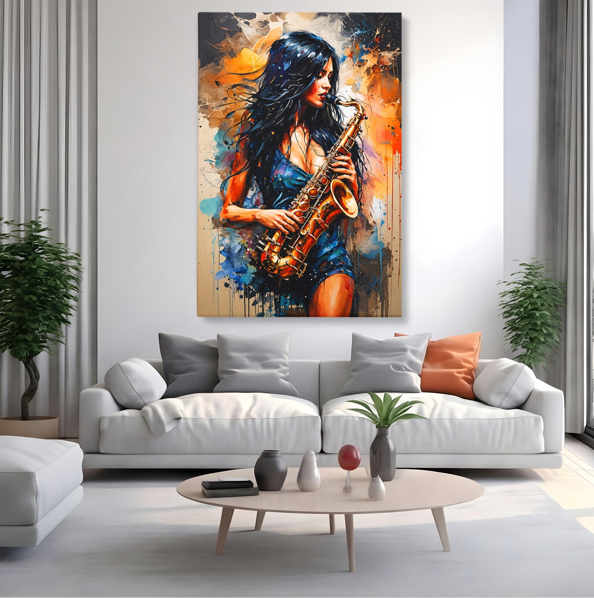 Tablou Canvas Premium LuxCanva® R1004, Saxofonista Pasionala, Saxofon, Muzica, Femeie, Living, Arta, Culori Vibrante